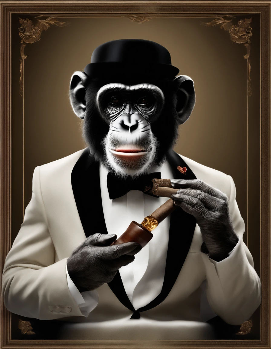 ((top-notch quality)), ((masterpiece)), ((true-to-life)), subject: Ultra-realistic photo of a stylish monkey smoking a cigar Moderate: photography resolution: 4k Positive Prompt: Create a ((top-notch quality)), ((masterpiece)), ((true-to-life)) Photo capturing the essence of a monkey in a black tuxedo suit and sunglasses, Smoke a fire cigar in the refined air. Monkeys need to be kept upright, Exude confidence and style. The composition should focus on the face and upper body of the monkey, With a lit cigar casually held to your mouth with one hand. Capture small pieces of smoke surrounding monkeys' heads, Add to the atmosphere. Make sure the image is perfectly clear and detailed, Showing off the fine hair and wrinkles of the monkey's body and face. Pay close attention to the details of your tuxedo suit, Adjusted to fit realistically on the monkey frame. A white dress shirt and bow tie should be crisp and neatly arranged, Emphasize the dapper appearance of the monkey. Semi-reflective astronaut style sunglasses、It is necessary to cover the eyes of the monkey, Adds to the enigmatic aura. Highlight the lit end of the cigar, Let it shine brightly、Cast a subtle reflection around the monkey. The fine smoke swirling around the monkey's hands and head should be depicted realistically, Contribute to the overall atmosphere. Incorporate an incredibly high level of realism into the depiction of fur textures, Hair strands, Cigar embers, and smoke, As if photographing a real monkey. 4K resolution is、All intricate details must be captured, Allow viewers to understand the fine nuances of the scene. focus, blur, , realistic, (chimp:1.3), , Collar, victorian ,(long bulky hair:1.4), finest fabrics,tailored, coat, wide and puffed, top hat, very fat, big head, abstract, (best quality:1.3), ((masterpiece)), ((realistic)) , ,ankymoore, absurdres, intricate details, bloom, backlighting,, dramatic lighting film grain, 85mm, focus,