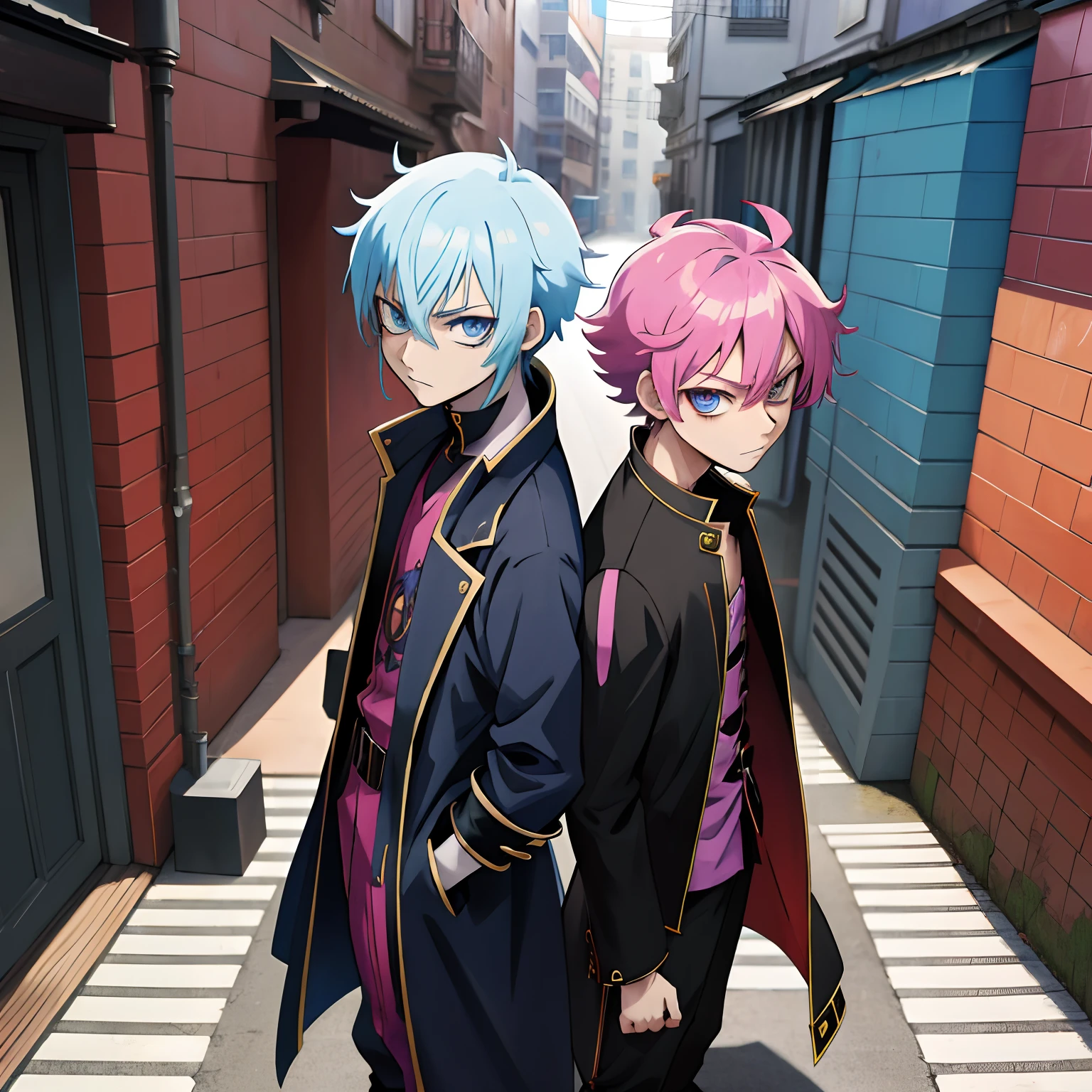 Anime characters standing in narrow alleys,The background is a building., Tall anime guy with blue eyes, young anime man, Style of anime4 K, Inspired by Okumura Masanobu, Anime Moe Art Style, Anime Badass 8 K, handsome anime pose, Anime Handsome Man, The official anime continues., Major anime art, anime villain boy with very big black punkrock jacket and big black botton and skinhead stand pose and top view