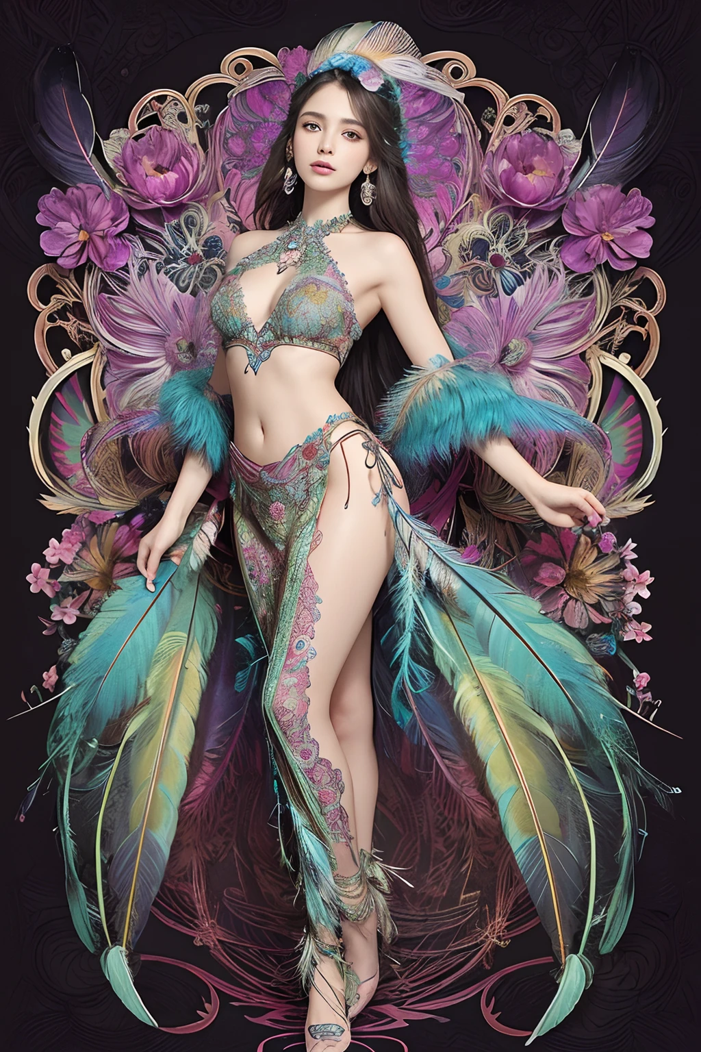(masterpiece, top quality, best quality, official art, beautiful and aesthetic:1.2), (1girl:1.3), extremely detailed,(fractal art:1.1),(colorful:1.1)(flowers:1.3),highest detailed,(zentangle:1.2), full body, (abstract background:1.3), (shiny skin), (many colors:1.4), ,(earrings), (feathers:1.5),