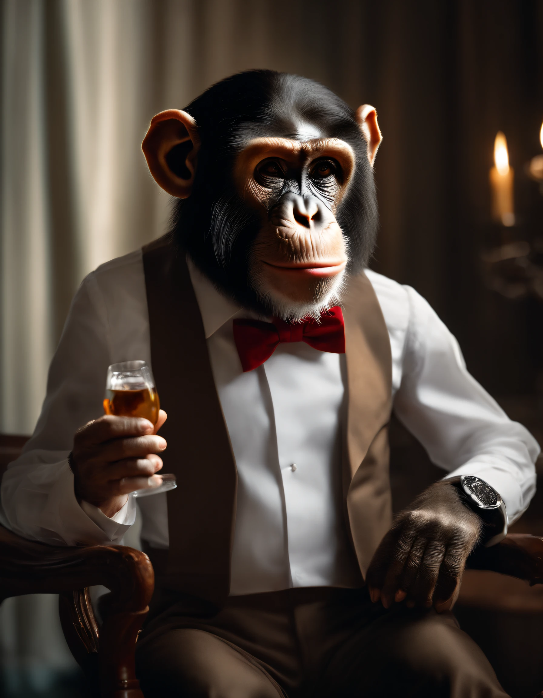 ((top-notch quality)), ((​masterpiece)), ((true-to-life)), subject: Ultra-realistic photo of a stylish monkey smoking a cigar Moderate: photography resolution: 4k Positive Prompt: Create a ((top-notch quality)), ((​masterpiece)), ((true-to-life)) Photo capturing the essence of a monkey in a black tuxedo suit and sunglasses, Smoke a fire cigar in the refined air. Monkeys need to be kept upright, Exude confidence and style. The composition should focus on the face and upper body of the monkey, With a lit cigar casually held to your mouth with one hand. Capture small pieces of smoke surrounding monkeys' heads, Add to the atmosphere. Make sure the image is perfectly clear and detailed, Showing off the fine hair and wrinkles of the monkey's body and face. Pay close attention to the details of your tuxedo suit, Adjusted to fit realistically on the monkey frame. A white dress shirt and bow tie should be crisp and neatly arranged, Emphasize the dapper appearance of the monkey. Semi-reflective astronaut style sunglasses、It is necessary to cover the eyes of the monkey, Adds to the enigmatic aura. Highlight the lit end of the cigar, Let it shine brightly、Cast a subtle reflection around the monkey. The fine smoke swirling around the monkey's hands and head should be depicted realistically, Contribute to the overall atmosphere. Incorporate an incredibly high level of realism into the depiction of fur textures, Hair strands, Cigar embers, and smoke, As if photographing a real monkey. 4K resolution is、All intricate details must be captured, Allow viewers to understand the fine nuances of the scene. focus, blur, , realistic, (chimp:1.3), , Collar, victorian ,(long bulky hair:1.4), finest fabrics,tailored, coat, wide and puffed, top hat, very fat, big head, abstract, (best quality:1.3), ((masterpiece)), ((realistic)) , ,ankymoore, absurdres, intricate details, bloom, backlighting,, dramatic lighting film grain, 85mm, focus,