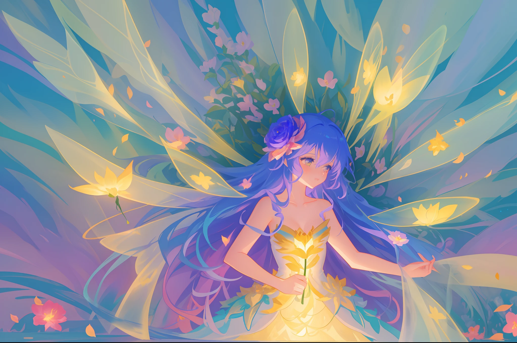 beautiful girl in fairy dress made of flower petals, beautiful fairy queen surrounded by colorful tiny pixies and fairies, glowing tiny fairies, (glowing fairy wings), glowing flowing ballgown, long wavy hair, sparkling fairy wings, watercolor illustration, flowers and colorful plants, inspired by Glen Keane, inspired by Lois van Baarle, disney art style, by Lois van Baarle, glowing aura around her, by Glen Keane, jen bartel, glowing lights! digital painting, flowing glowing hair, glowing flowing hair, beautiful digital illustration, fantasia otherworldly landscape plants flowers, beautiful, masterpiece, best quality, anime disney style
