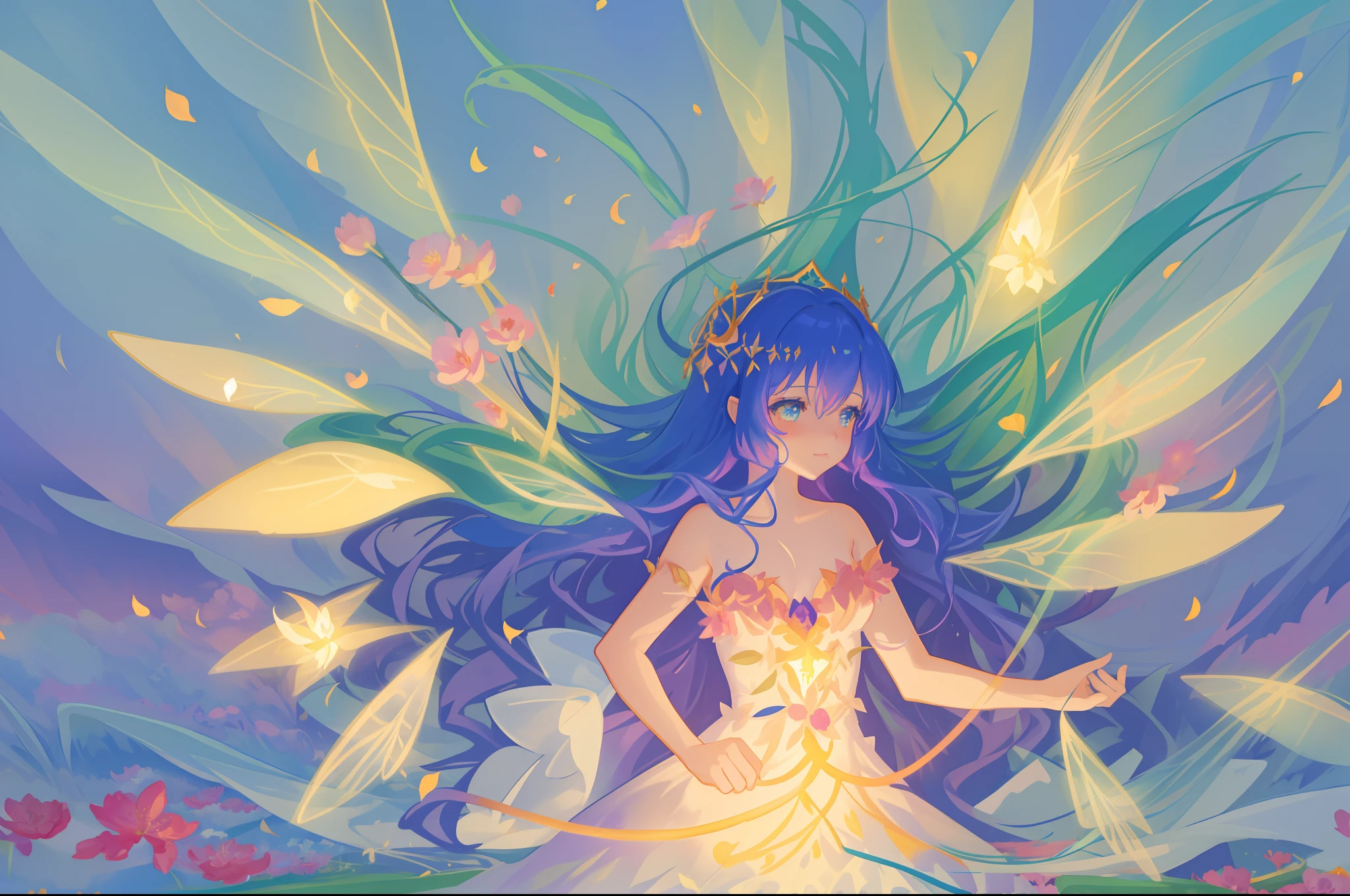 beautiful girl in fairy dress made of flower petals, beautiful fairy queen surrounded by colorful tiny pixies and fairies, glowing tiny fairies, (glowing fairy wings), glowing flowing ballgown, long wavy hair, sparkling fairy wings, watercolor illustration, flowers and colorful plants, inspired by Glen Keane, inspired by Lois van Baarle, disney art style, by Lois van Baarle, glowing aura around her, by Glen Keane, jen bartel, glowing lights! digital painting, flowing glowing hair, glowing flowing hair, beautiful digital illustration, fantasia otherworldly landscape plants flowers, beautiful, masterpiece, best quality, anime disney style