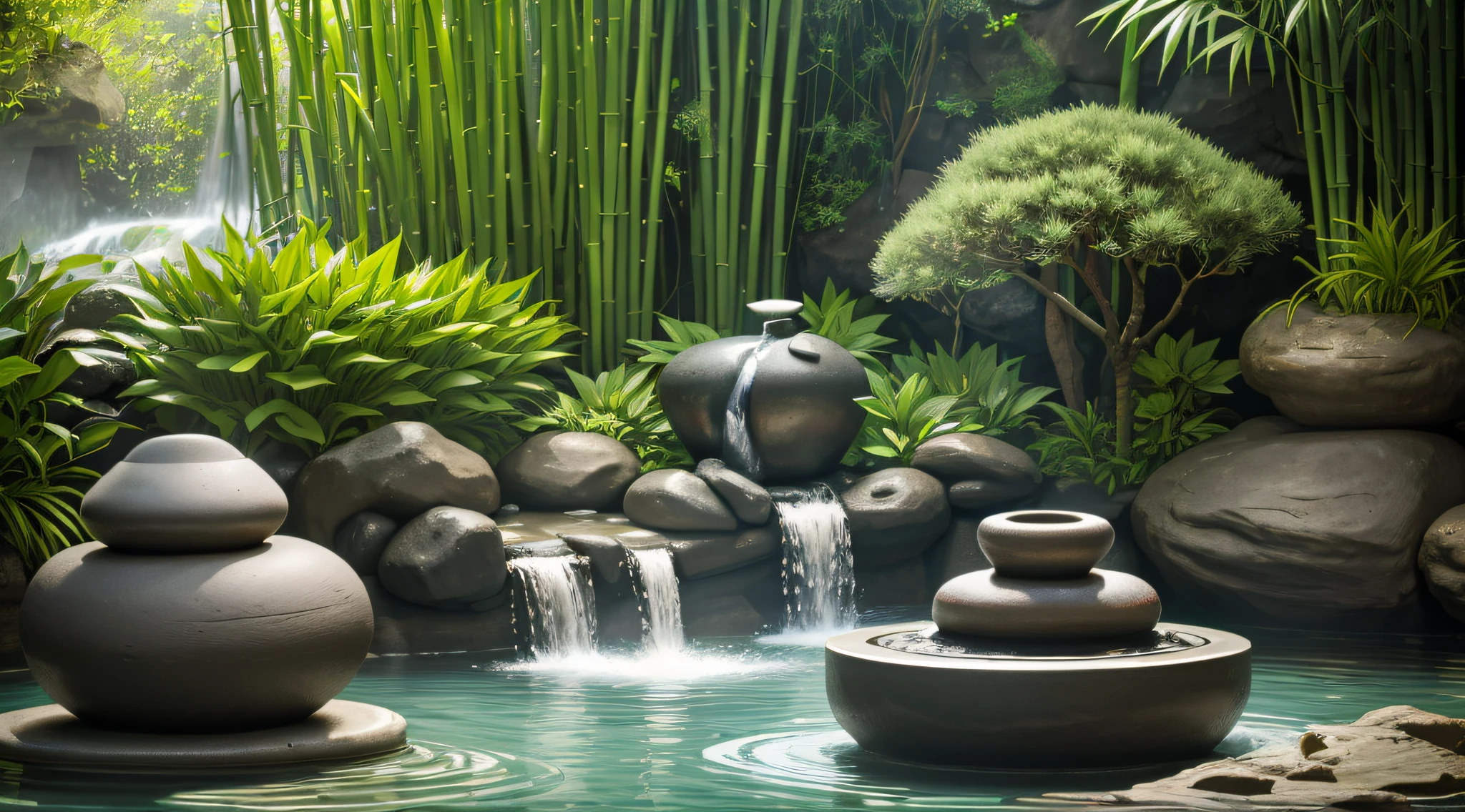 zen garden with water fountain with bamboo and flower, water falling from the bamboo spout with black stones around a sheet of water and blurred green background