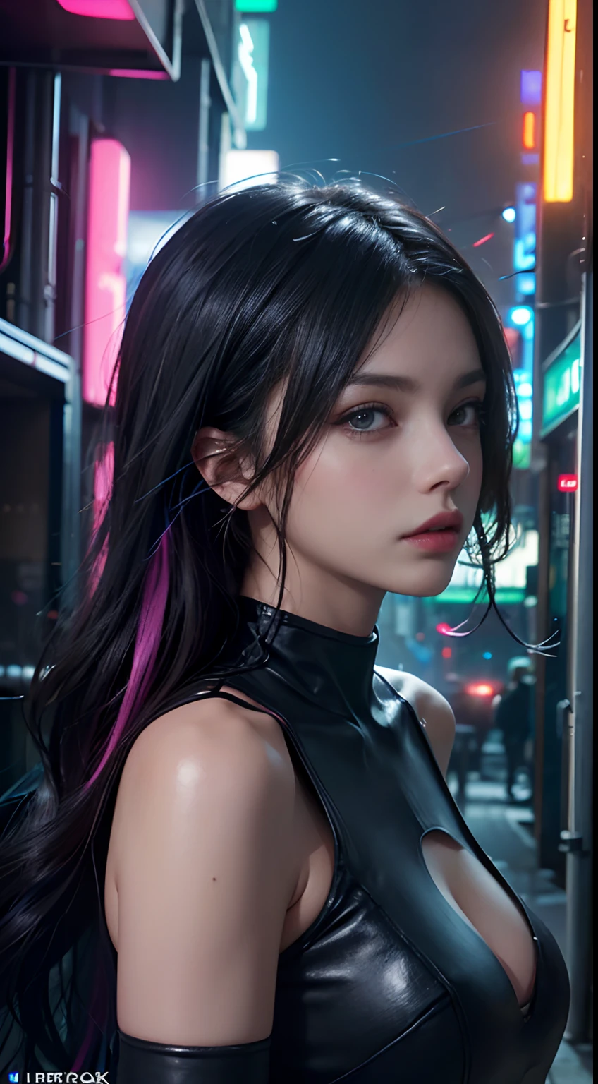 Best image quality, Masterpiece, Ultra-high resolution, (Fidelity:1.4), Photo, Movie, ((cyber punk personage)), Preteen fairy goth robot, Mila Kunis, black wavy hair with blue and purple neon lighting, cyber outfit, Futuristic, ((Award-winning ultra-realistic photos)),(Hyper-detailing),(Complicated details),(High resolution CGI artwork 8k), a girl in Cyberpunk city,Futuristic style,There are many colors and LED light,depth of field,create depth with atmospheric lighting,wide wide shot,use atmospheric and volumetric lighting to enhance cityscape detail,illuminated by neon lights, Pastel textured colored background, Colourful, vibrant