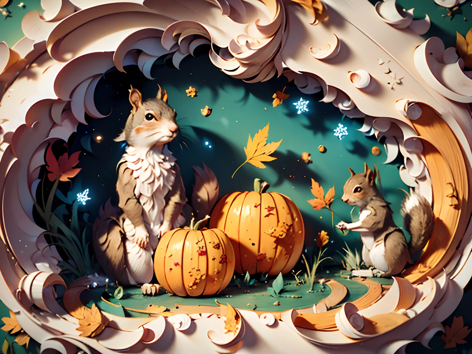(Thanksgiving landscape depiction, pumpkins,Maple leaves,Lodge,blue-sky,baiyun,The beauty of autumn),(squirrels:1.5),(paper art, Quilted paper art:1.2, geomerty:1.1, zentangle,a 3D render), (tmasterpiece:1,2),best qualityer,extremely detailed CG 8k wallpaper,best qualityer,A high resolution,Original,extremelydetailedwallpaper,