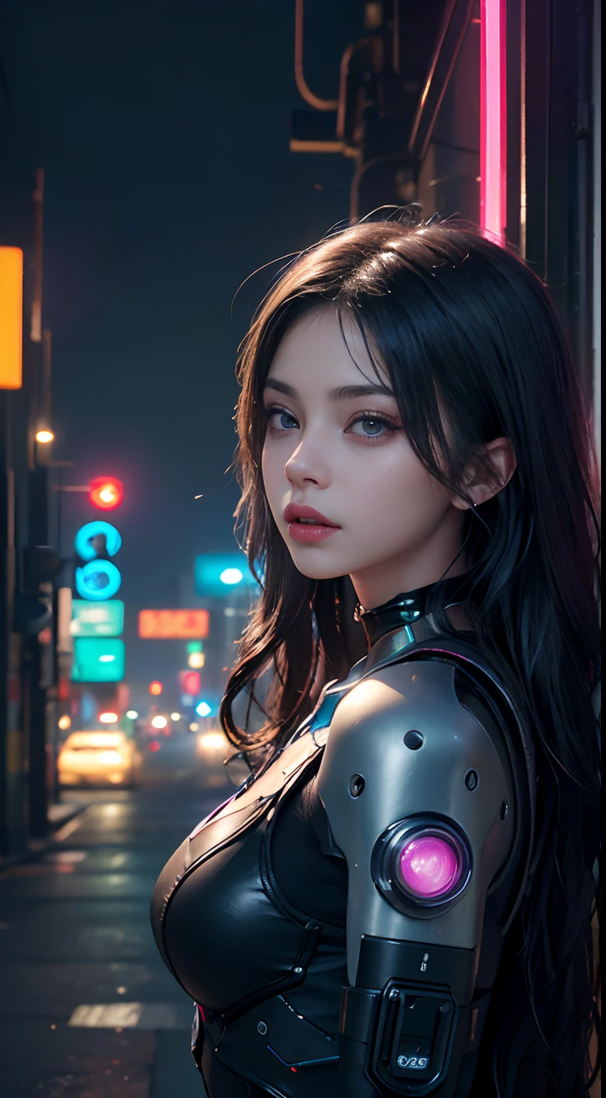 Best image quality, Masterpiece, Ultra-high resolution, (Fidelity:1.4), Photo,  Movie, ((cyber punk personage)), Preteen fairy goth robot, Mila Kunis, black wavy hair with blue and purple neon lighting, cyber outfit, Futuristic, ((Award-winning ultra-realistic photos))，(Hyper-detailing），(Complicated details），(High resolution CGI artwork 8k), a girl in Cyberpunk city,Futuristic style,There are many colors and LED light,depth of field,create depth with atmospheric lighting,wide wide shot,use atmospheric and volumetric lighting to enhance cityscape detail,illuminated by neon lights, Pastel textured colored background, Colourful, vibrant