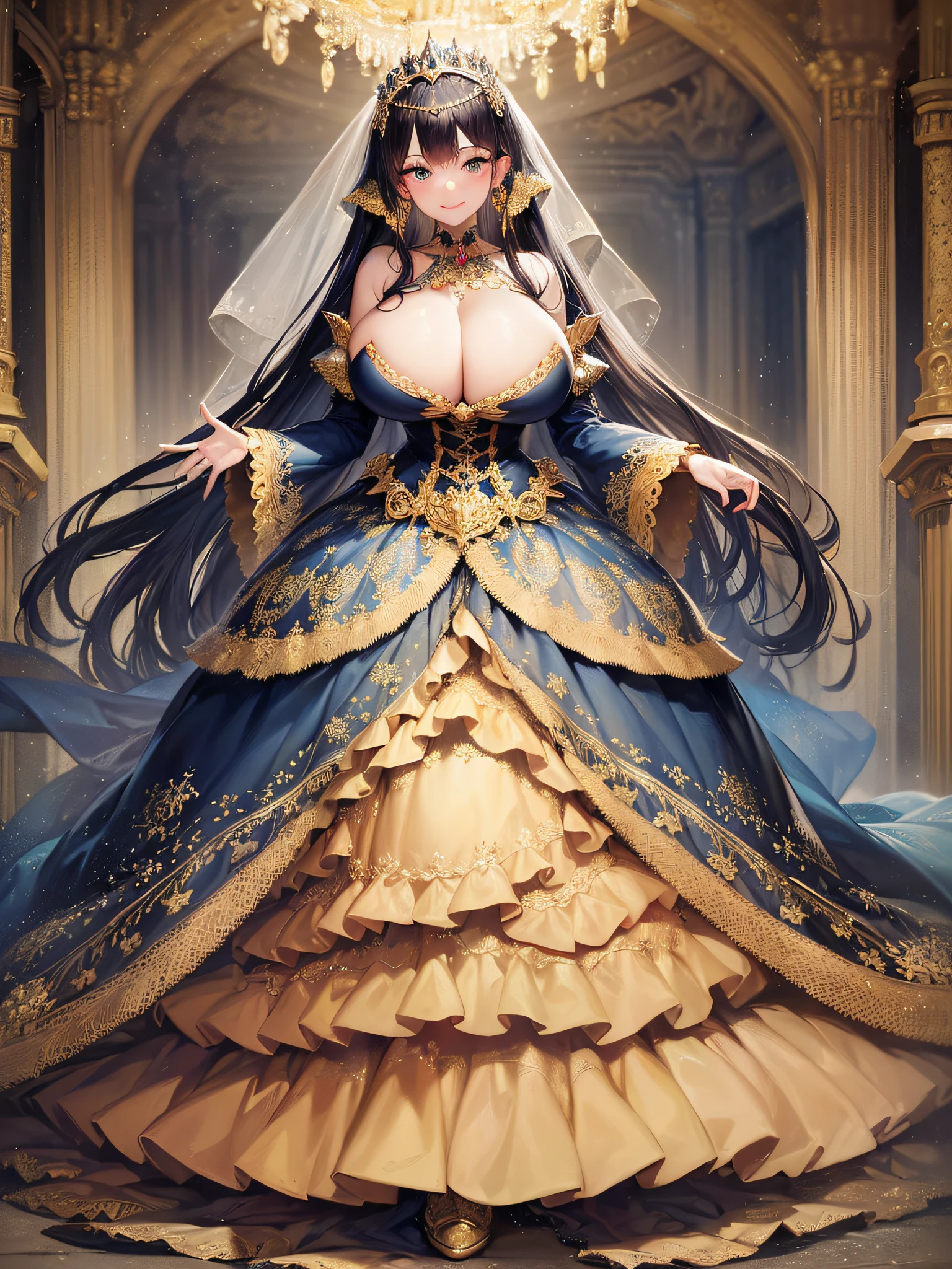 ((anime artstyle)),(Masterpiece),(Best Quality), (Super Detail),(Highly Detailed CG Unity 8k wallpaper),((Very Delicate and Beautiful)),cinematic lighting,1 girl,((full body portrait)),((standing in garden)),((solo)),(((1 fairytale princess in gorgeous embroidery and jeweled extremely gorgeous rococo princess ballgown with voluminous full length hoop skirt))),an hourglass waist,padded and corseted bodice,(((huge crinoline hoopskirt))),long train,((gorgeous embroidery and jeweled)),voluminous frills,See-through,(((extremely gigantic tits,skindentation))),cleavage,((absurdly Long Straight Hair,extremely voluminous Straight long Hair,absurdly Long Straight Hair)),(finely detailed face and eyes),(Blush,Smile),clear pupil,extremely gorgeousfull hair ornament,(bling-bling jeweled extremely gorgeousfull tiara),((bling-bling gorgeous gemstone jewelry)),gorgeous long veil,((ultra long gloves)),(beautiful background),(full body),((gorgeous embroidery and jeweled extremely gorgeous rococo princess ballgown with voluminous full length hoop skirt))