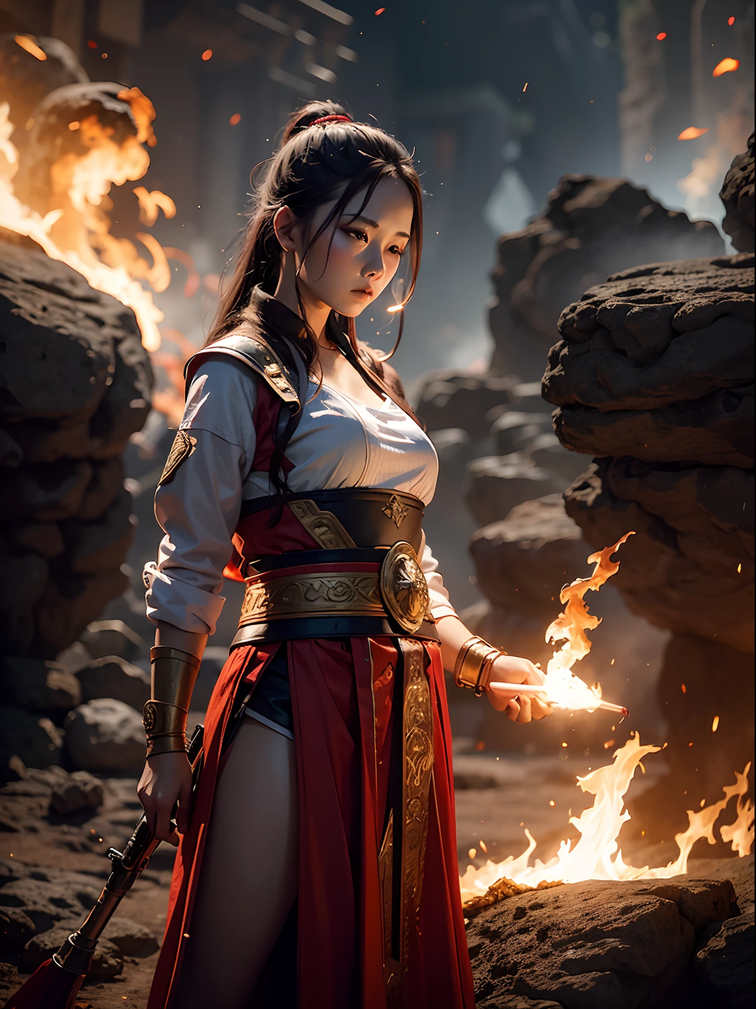 A female warrior smoking in middle of the war, war scene, fire everywhere, dead bodies spread everywhere, smoke bombs, red sky, background dark red, shinning and glowing effects, very extreme detailed, cover every detail part, 24K UHD graphics