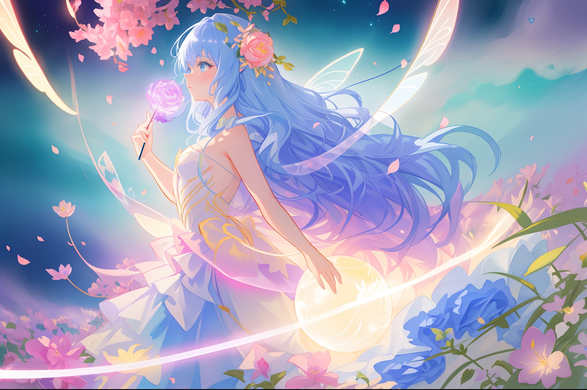 beautiful girl in fairy dress made of flower petals, beautiful fairy queen surrounded by colorful tiny pixies and fairies, glowing tiny fairies, (glowing fairy wings), glowing flowing ballgown, long wavy hair, sparkling fairy wings, watercolor illustration, flowers and colorful plants, inspired by Glen Keane, inspired by Lois van Baarle, disney art style, by Lois van Baarle, glowing aura around her, by Glen Keane, jen bartel, glowing lights! digital painting, flowing glowing hair, glowing flowing hair, beautiful digital illustration, fantasia otherworldly landscape plants flowers, beautiful, masterpiece, best quality, anime disney style