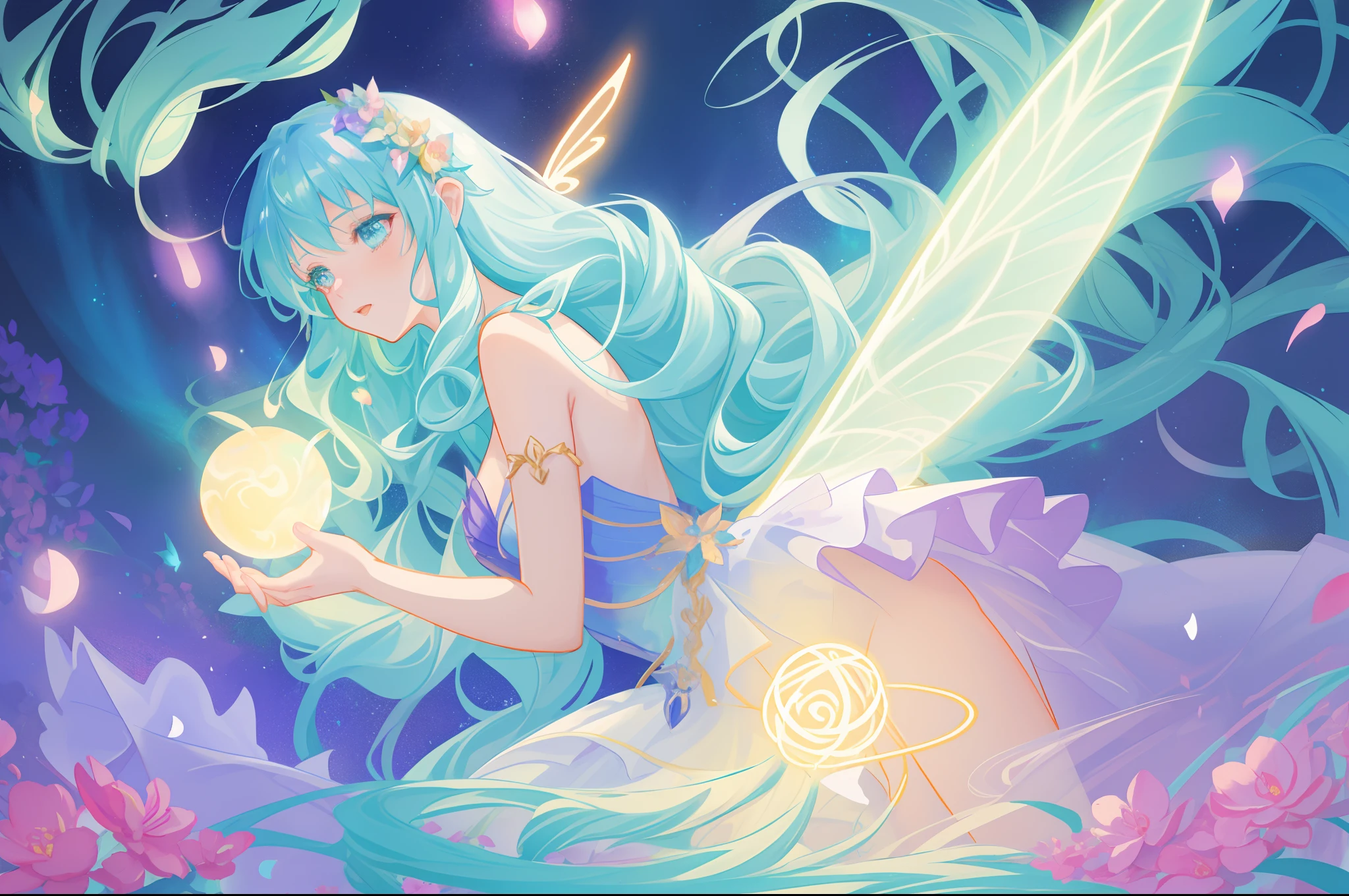 beautiful girl in fairy dress made of flower petals, beautiful fairy queen surrounded by colorful tiny pixies and fairies, glowing tiny fairies, (glowing fairy wings), glowing flowing ballgown, long wavy hair, sparkling fairy wings, watercolor illustration, flowers and colorful plants, inspired by Glen Keane, inspired by Lois van Baarle, disney art style, by Lois van Baarle, glowing aura around her, by Glen Keane, jen bartel, glowing lights! digital painting, flowing glowing hair, glowing flowing hair, beautiful digital illustration, fantasia otherworldly landscape plants flowers, beautiful, masterpiece, best quality, anime disney style