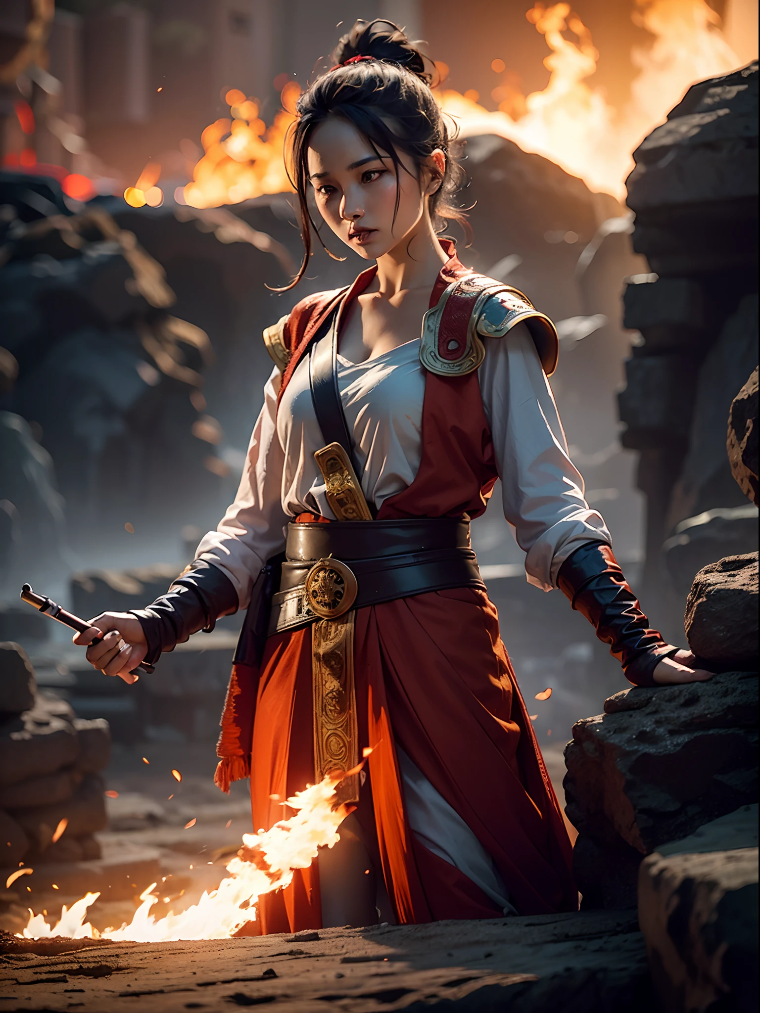 A female warrior smoking in middle of the war, war scene, fire everywhere, dead bodies spread everywhere, smoke bombs, red sky, background dark red, shinning and glowing effects, very extreme detailed, cover every detail part, 24K UHD graphics