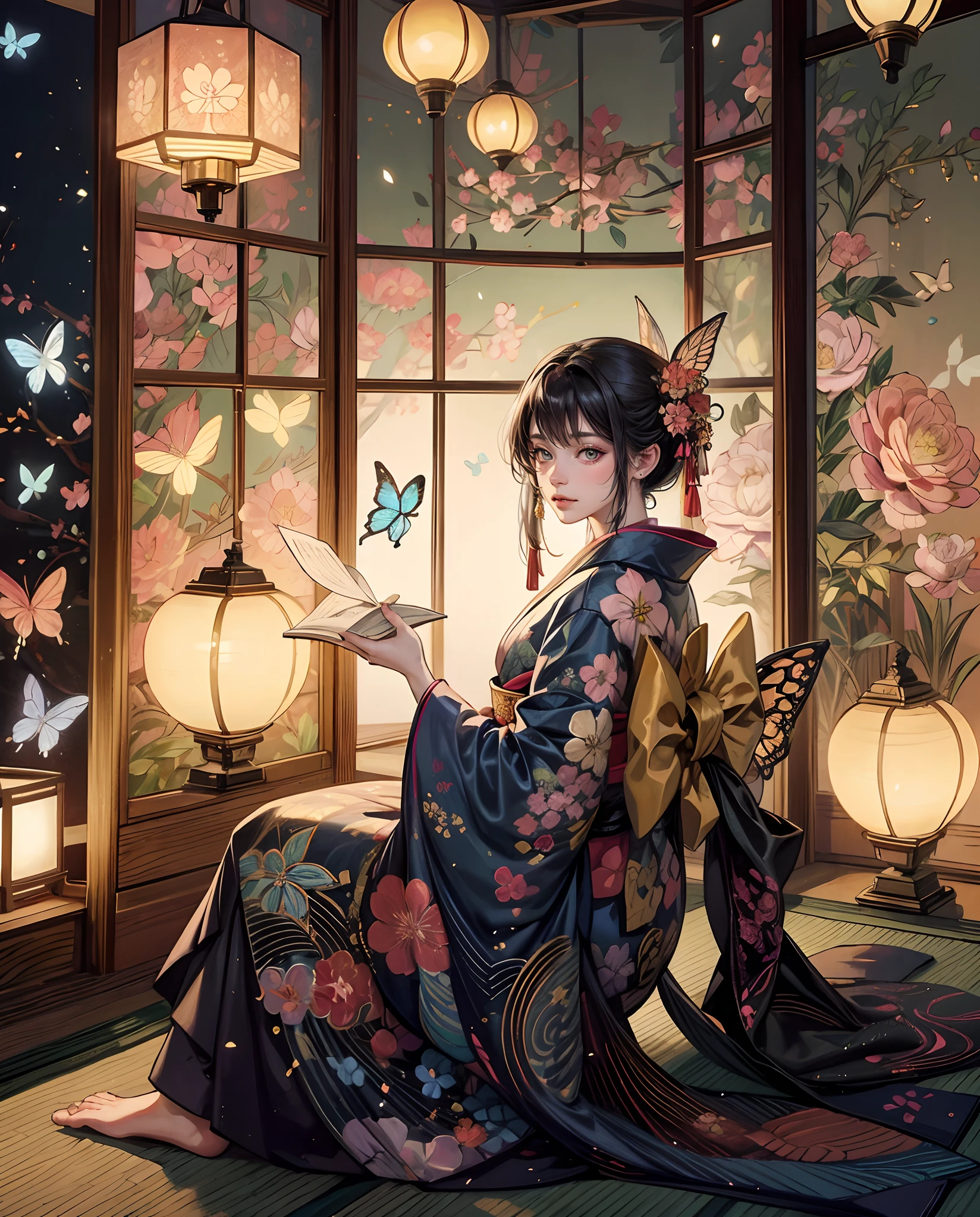 **A woman dressed in a gorgeous and beautiful uchikake with butterflies and flowers and holding a kiseru in her hand is relaxing in the tatami room. She has a beautiful face and shining eyes of vivid colors. She is dressed in a luxurious and colorful kimono. A gorgeous folding screen. A lantern is lit in the dimly lit tatami room at night. The detailed drawing. Vivid colors. High image quality.