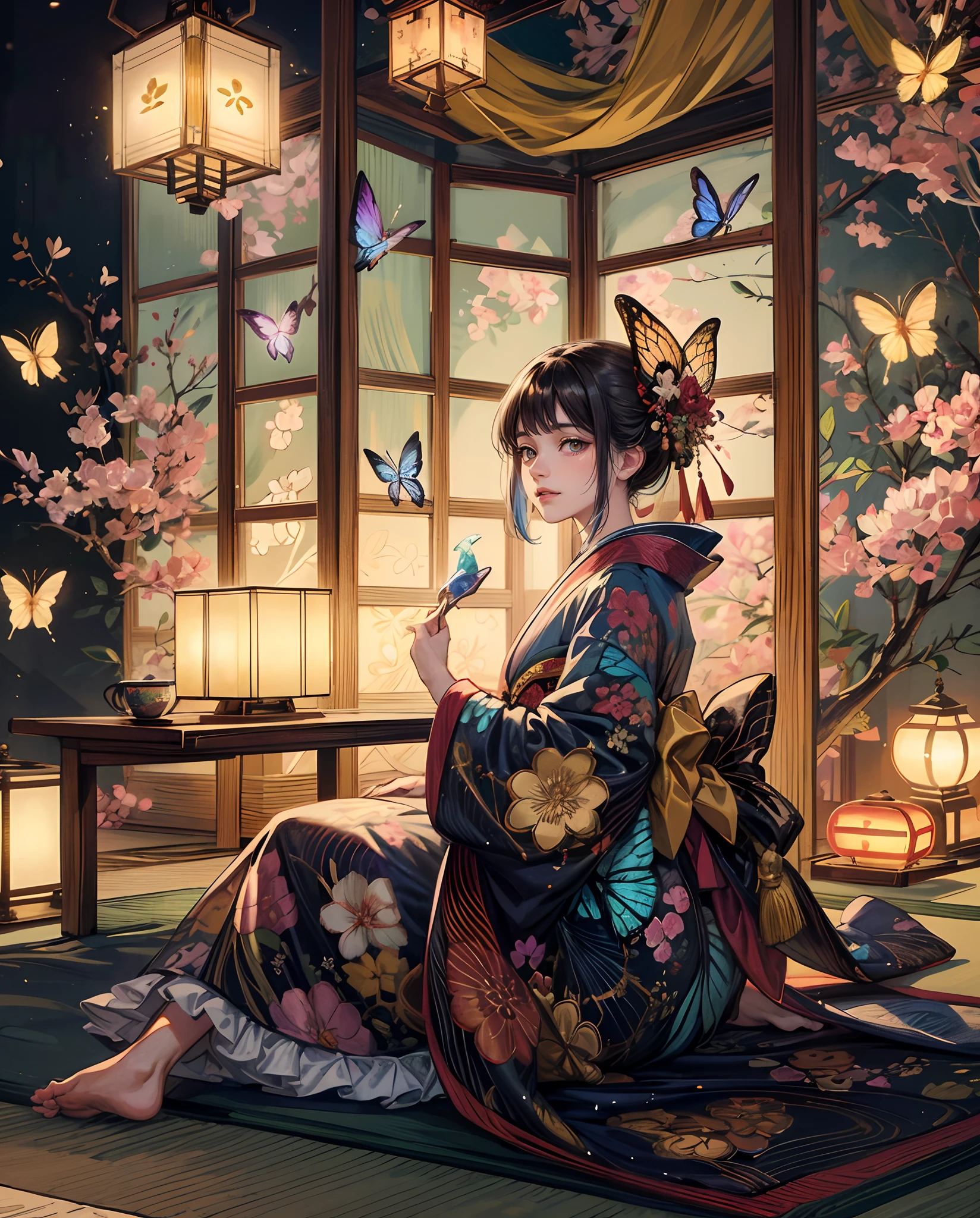 **A woman dressed in a gorgeous and beautiful uchikake with butterflies and flowers and holding a kiseru in her hand is relaxing in the tatami room. She has a beautiful face and shining eyes of vivid colors. She is dressed in a luxurious and colorful kimono. A gorgeous folding screen. A lantern is lit in the dimly lit tatami room at night. The detailed drawing. Vivid colors. High image quality.