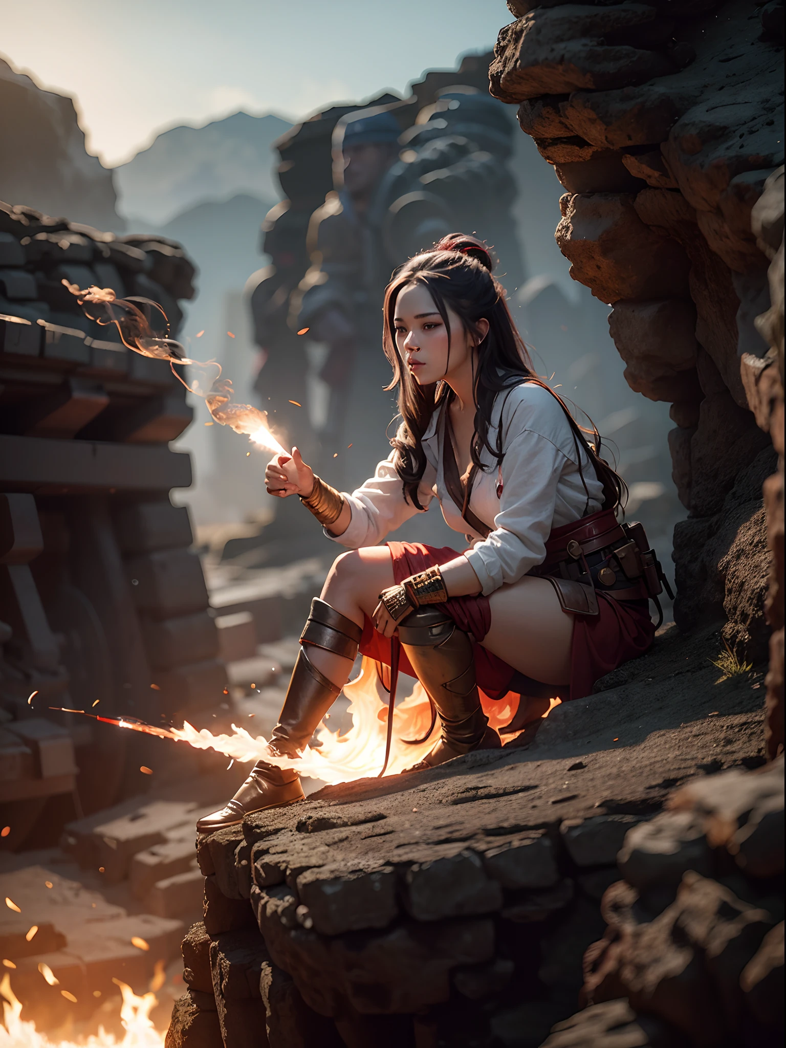 A female warrior smoking in middle of the war, war scene, fire everywhere, dead bodies spread everywhere, smoke bombs, red sky, background dark red, shinning and glowing effects, very extreme detailed, cover every detail part, 24K UHD graphics