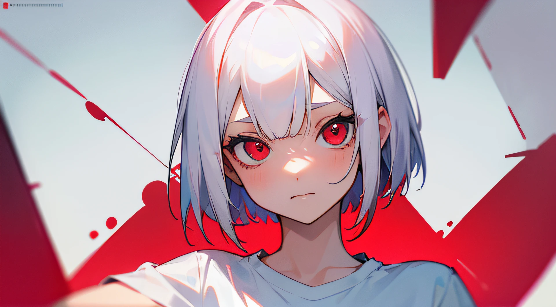 grimace, 1 girl, white_hair, red eyes, short_bob, white t-shirt, in_front, look_at_viewer