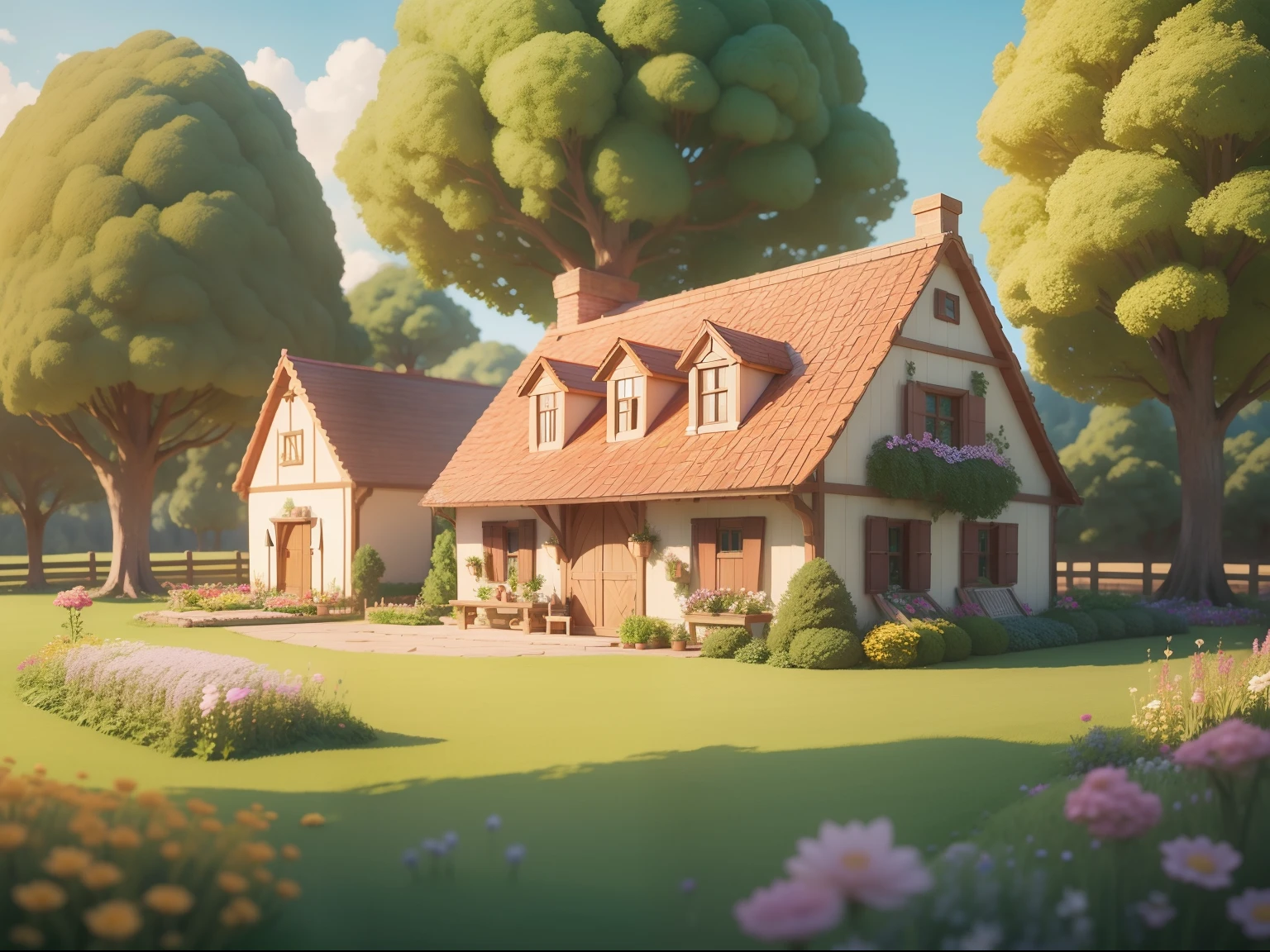FairyTaleAI masterpiece, (((high quality))), Cute cartoon world, farm house, Flowers, vegetable garden, wheat field, Trees, Super cute, Superb lighting, Ghibli studio style, Tilt-shift, 80mm lens, Large aperture, The best quality, 3d, Super detail --v6
