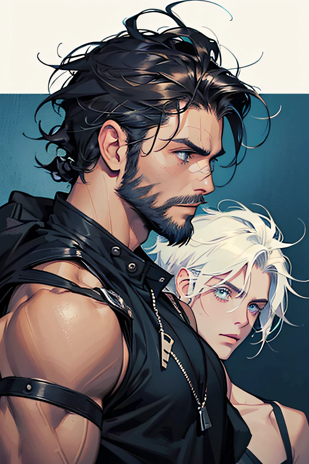 2boys, only、(Man's :2) ,twins,Handsome boy,Long silver hair、a blond、Collar,tattooed、Upper body naked、starrysky 、lake、Back lighting、hightquality、masutepiece,8K,