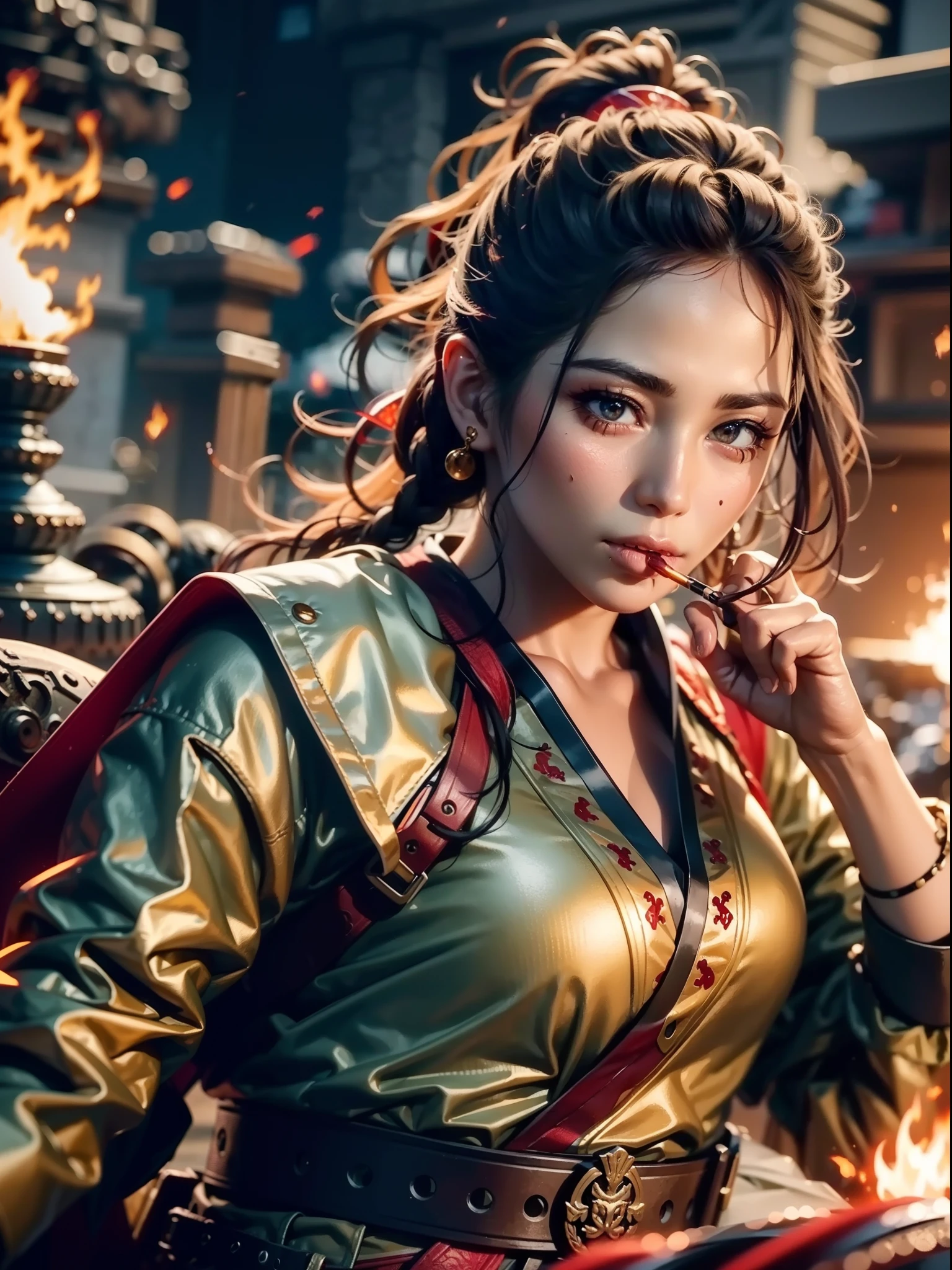 A female warrior smoking in middle of the war, war scene, fire everywhere, dead bodies spread everywhere, smoke bombs, red sky, background dark red, shinning and glowing effects, very extreme detailed, cover every detail part, 24K UHD graphics, detailed eyes and face