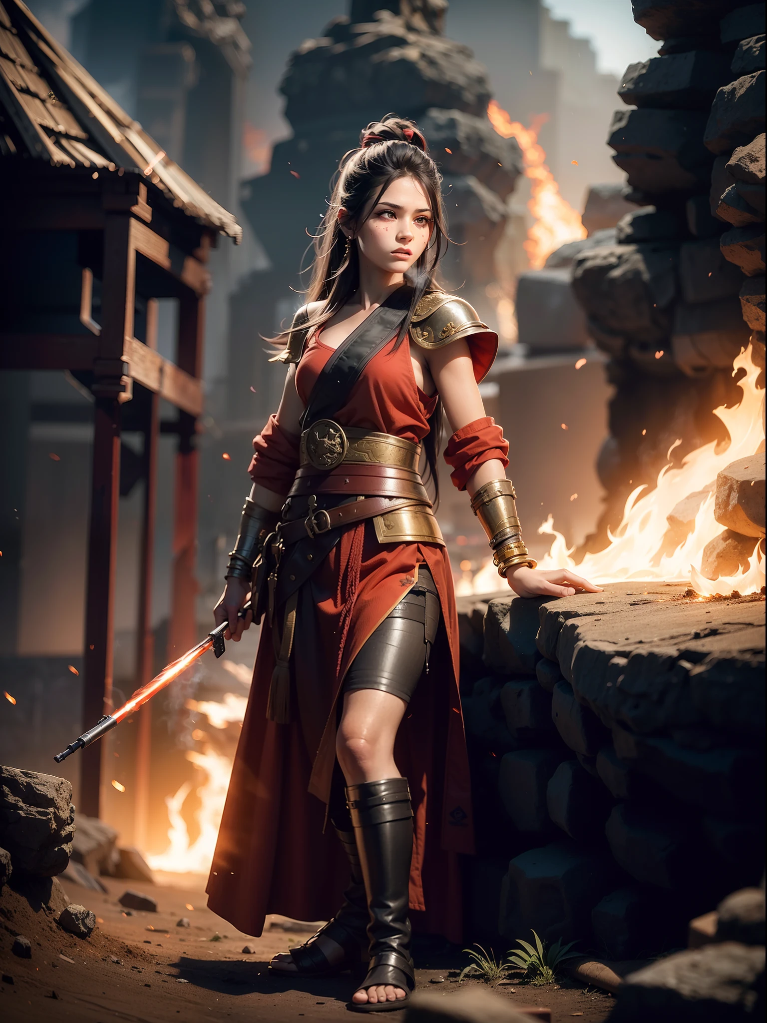 A female warrior smoking in middle of the war, war scene, fire everywhere, dead bodies spread everywhere, smoke bombs, red sky, background dark red, shinning and glowing effects, very extreme detailed, cover every detail part, 24K UHD graphics, detailed eyes and face