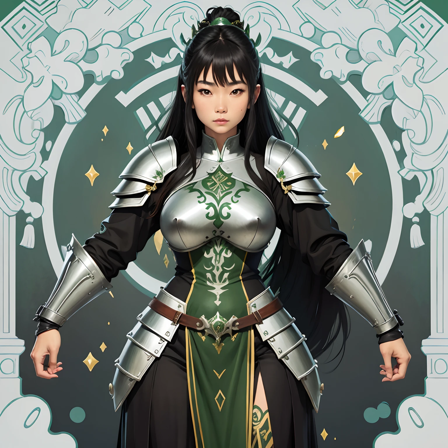 An Asian woman wearing medieval armor, preto e verde detalhada, parte de cima do corpo.