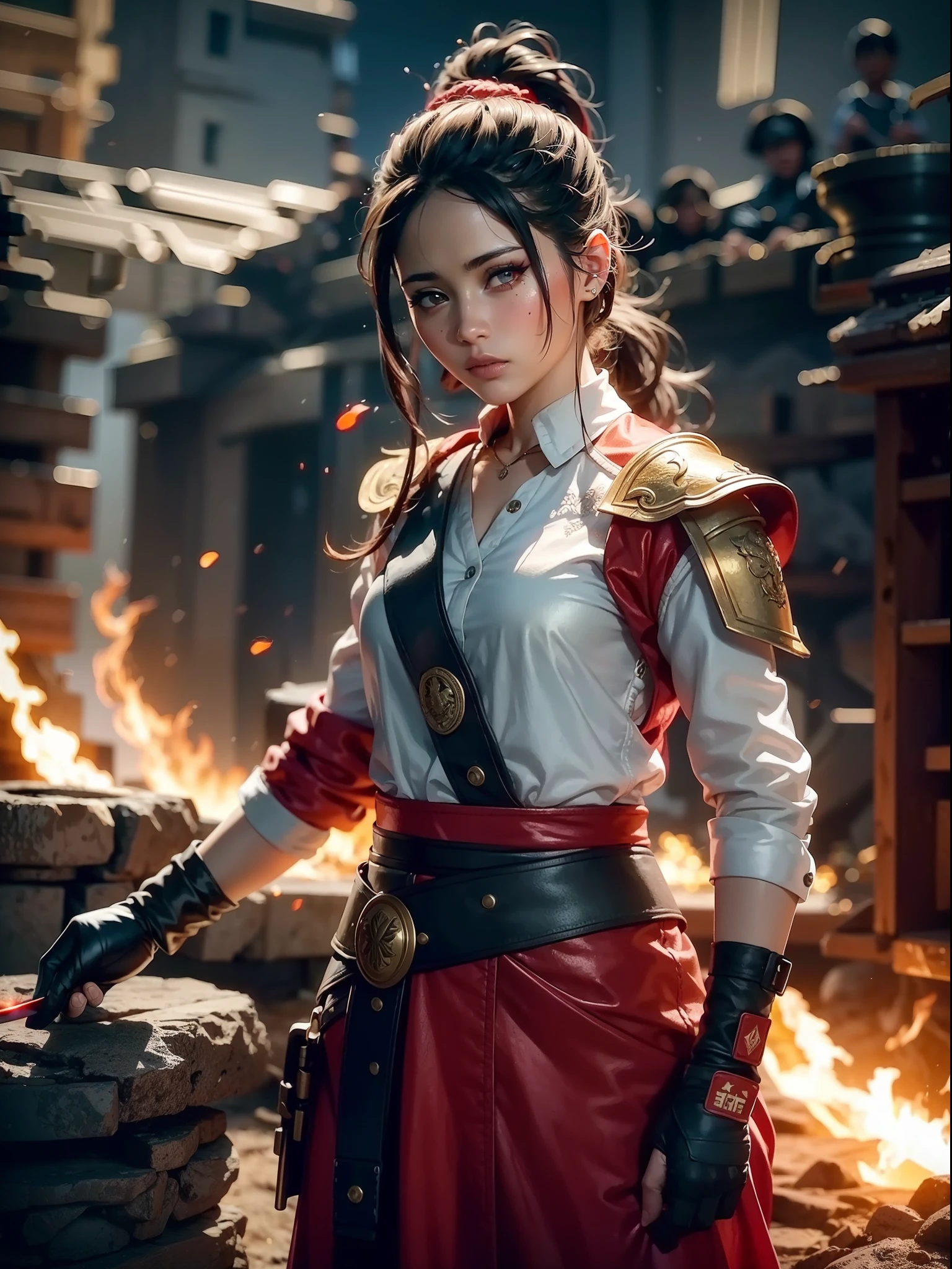 A female warrior smoking in middle of the war, war scene, fire everywhere, dead bodies spread everywhere, smoke bombs, red sky, background dark red, shinning and glowing effects, very extreme detailed, cover every detail part, 24K UHD graphics, detailed eyes and face