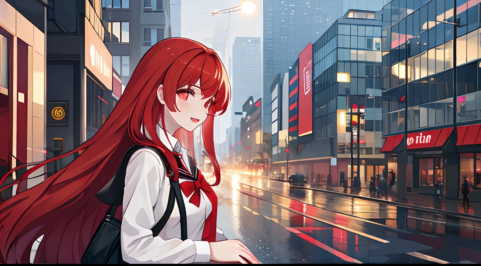 anime girl, long red hair, Schoolgirl uniform in busy city, leichter regen