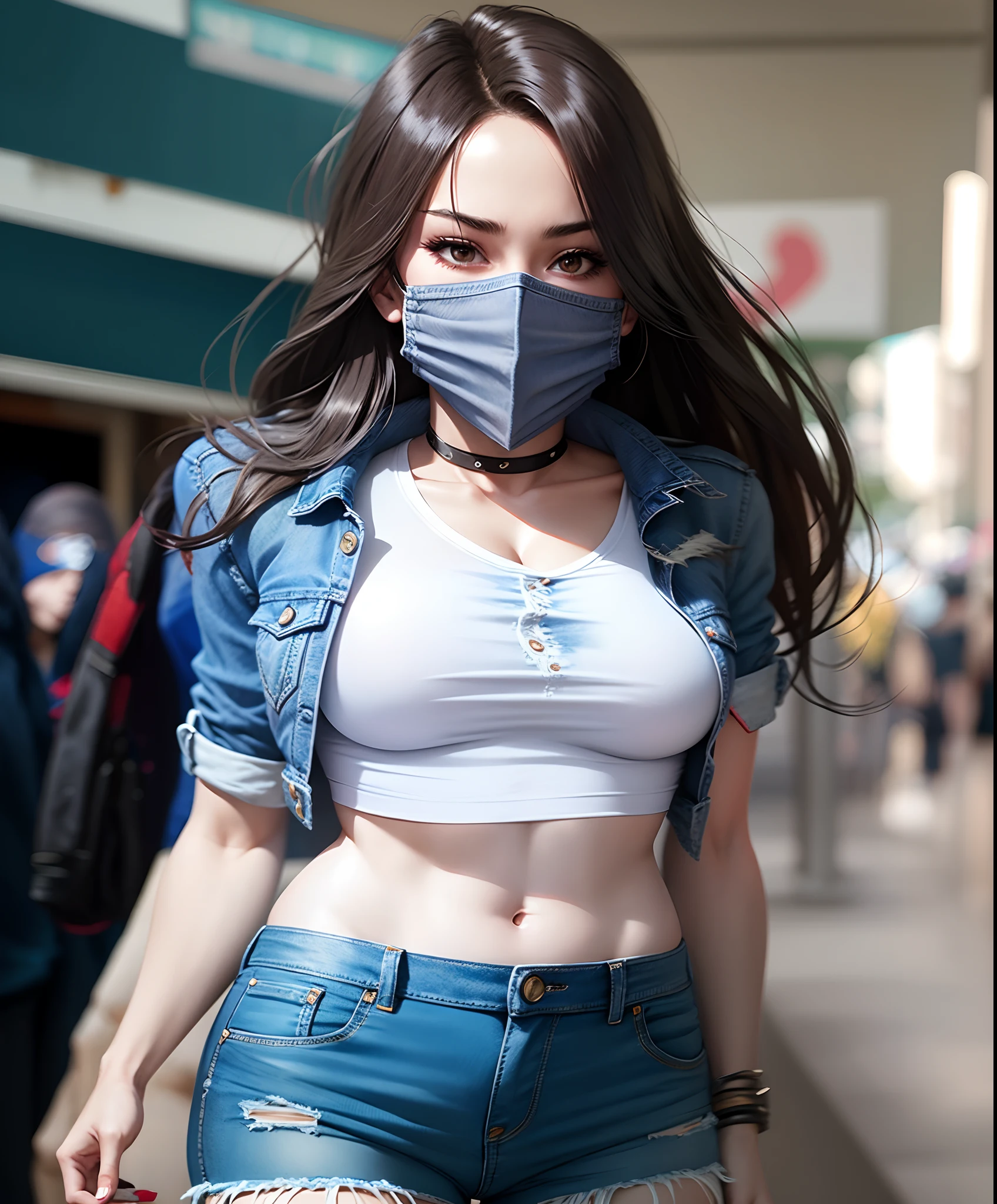 ???? woman wearing a denim jacket over a crop top and a denim miniskirt, with long flowing hair and a mask covering her mouth.