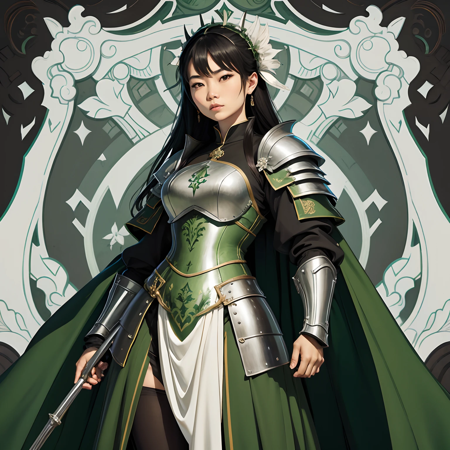 An Asian woman wearing medieval armor, preto e verde detalada, lado a lado