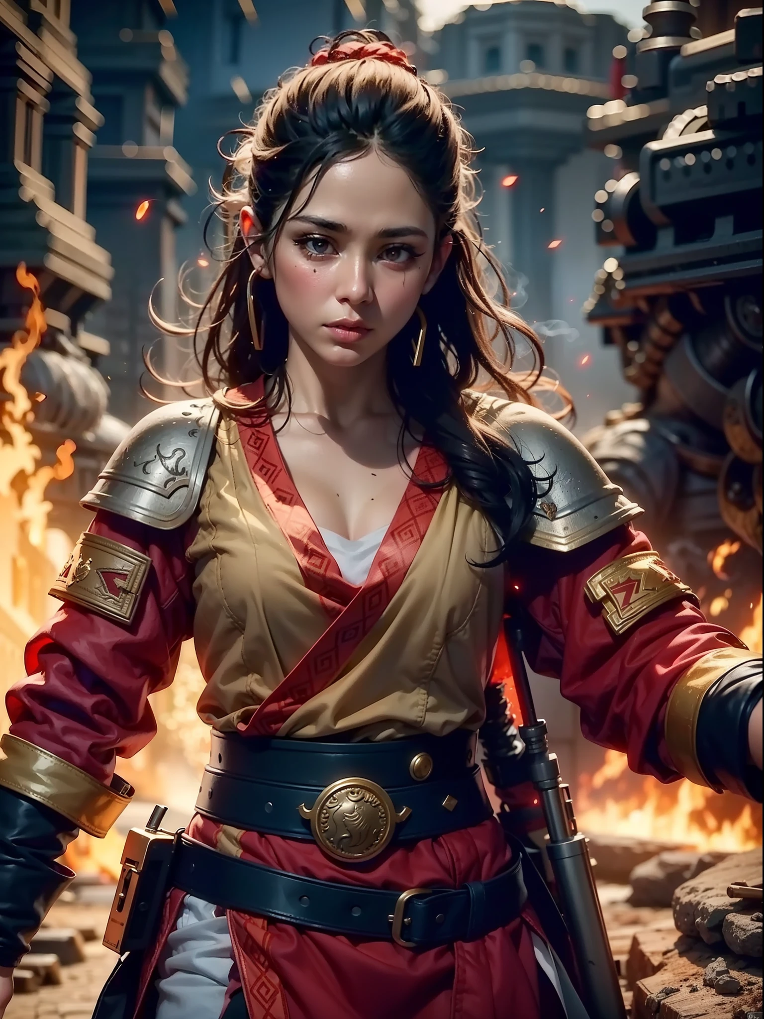 A female warrior smoking in middle of the war, war scene, fire everywhere, dead bodies spread everywhere, smoke bombs, red sky, background dark red, shinning and glowing effects, very extreme detailed, cover every detail part, 24K UHD graphics, detailed eyes and face