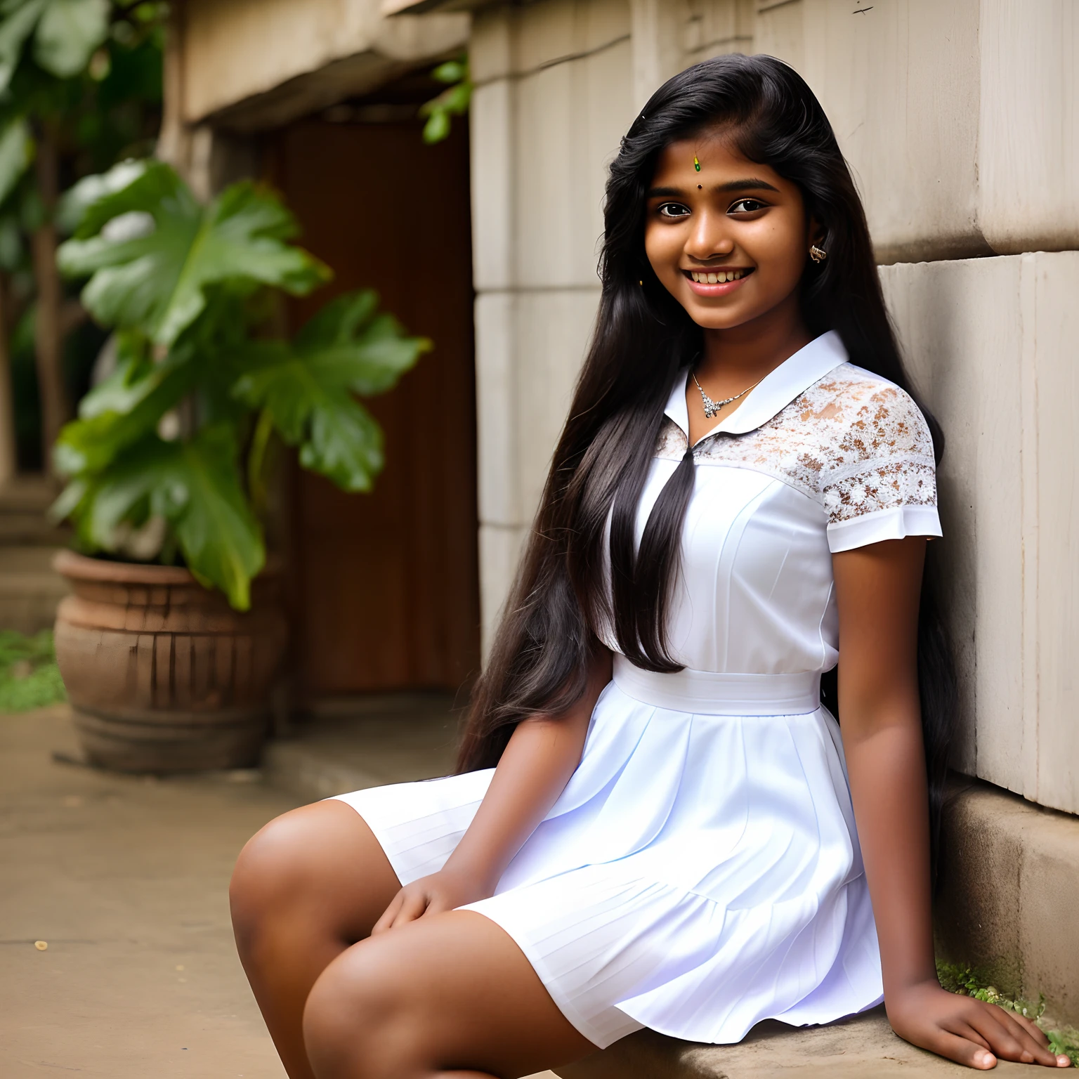 Realistic,A 12-year-old Sinhala Sri Lankan girl wore a A white school short dress, Sri Lankan face, beautiful, black long hair, smile, full body, sitting