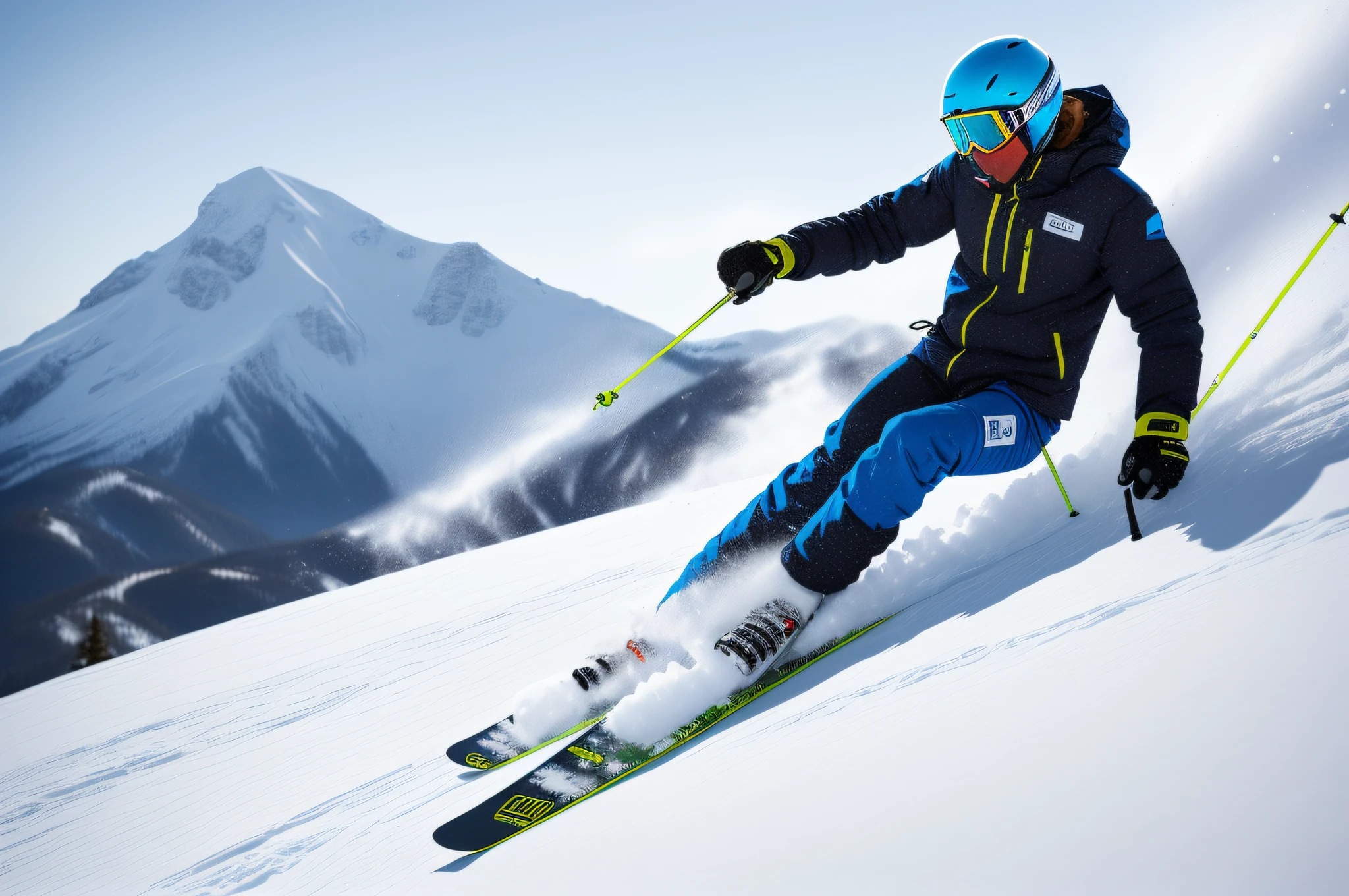skier in blue and black snow suit with red mask going down a snowy hill, action sports photography, action sports, steep, holding a snowboard, stunningly detailed, best on adobe stock, 2023, on the mountain, extreme sports photography, 2022, 2 0 2 2, skiing, cover shot, photorealistic, epic, high quality, RAW, good hand, good quality, red mask
