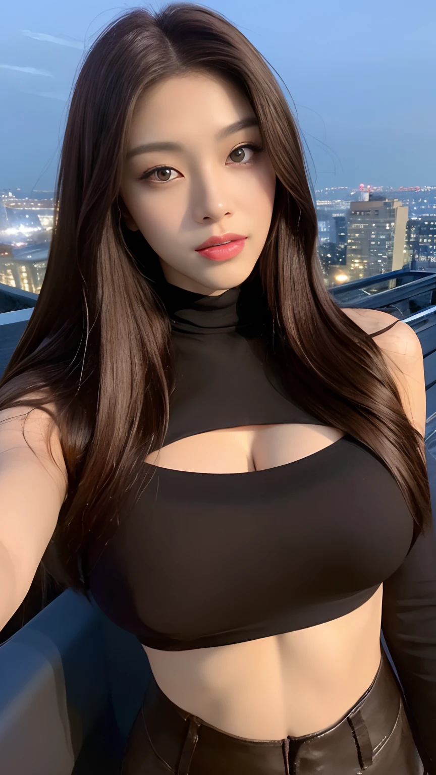 ((Midnight, Best quality, 8k, Masterpiece :1.3)), Whole body, Long legs, Sharp focus :1.2, A pretty woman with perfect figure :1.4, Slender abs :1.1, ((Dark brown hair, gigantic breasts :2.0)), (Crop top shirt, Low waist pants, Standing:1.2), ((Night city view, Rooftop:1.3)), Highly detailed face and skin texture, Detailed eyes, Double eyelid