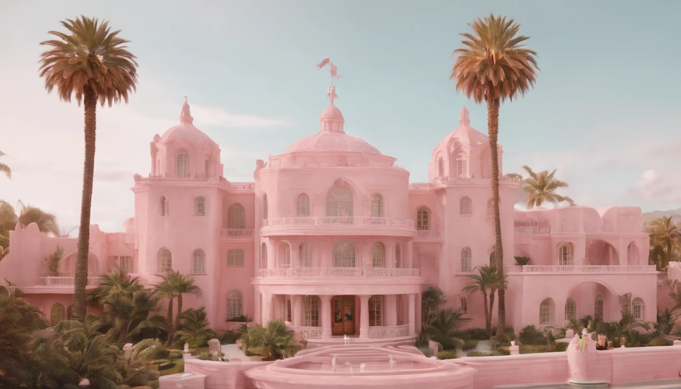 8k video clip of a 1960s science fiction film by Wes Anderson, Vogue anos 1960, pink pastel colors, old futuristuc city Neon ligts, skyscrapers, full streat with people. palm trees, mansion, doll house style and Luz Natural, Psicodelia, futurista estranho, fotorrealista, hiper detalhado, foco nítido, Intrinsic, Fuji filmes 55mm,