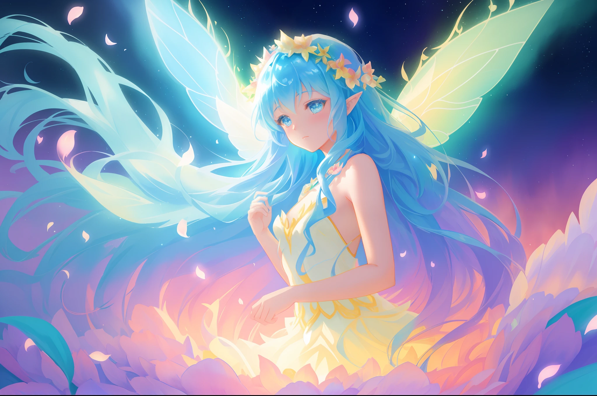 beautiful girl in fairy dress made of flower petals, beautiful fairy queen surrounded by colorful tiny pixies and fairies, glowing tiny fairies, (glowing fairy wings), glowing flowing ballgown, long wavy hair, sparkling fairy wings, watercolor illustration, flowers and colorful plants, inspired by Glen Keane, inspired by Lois van Baarle, disney art style, by Lois van Baarle, glowing aura around her, by Glen Keane, jen bartel, glowing lights! digital painting, flowing glowing hair, glowing flowing hair, beautiful digital illustration, fantasia otherworldly landscape plants flowers, beautiful, masterpiece, best quality, anime disney style