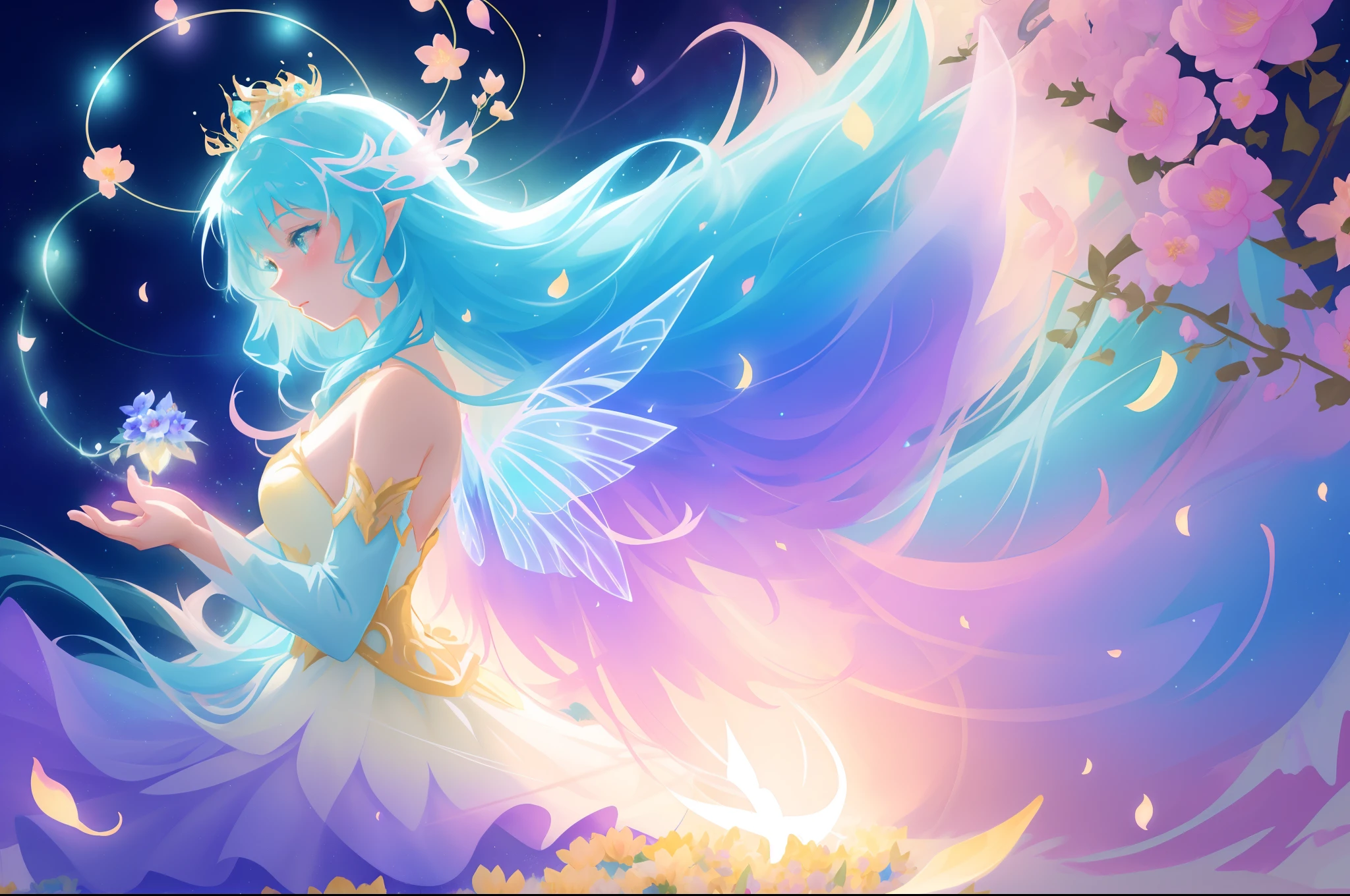 beautiful girl in fairy dress made of flower petals, beautiful fairy queen surrounded by colorful tiny pixies and fairies, glowing tiny fairies, (glowing fairy wings), glowing flowing ballgown, long wavy hair, sparkling fairy wings, watercolor illustration, flowers and colorful plants, inspired by Glen Keane, inspired by Lois van Baarle, disney art style, by Lois van Baarle, glowing aura around her, by Glen Keane, jen bartel, glowing lights! digital painting, flowing glowing hair, glowing flowing hair, beautiful digital illustration, fantasia otherworldly landscape plants flowers, beautiful, masterpiece, best quality, anime disney style