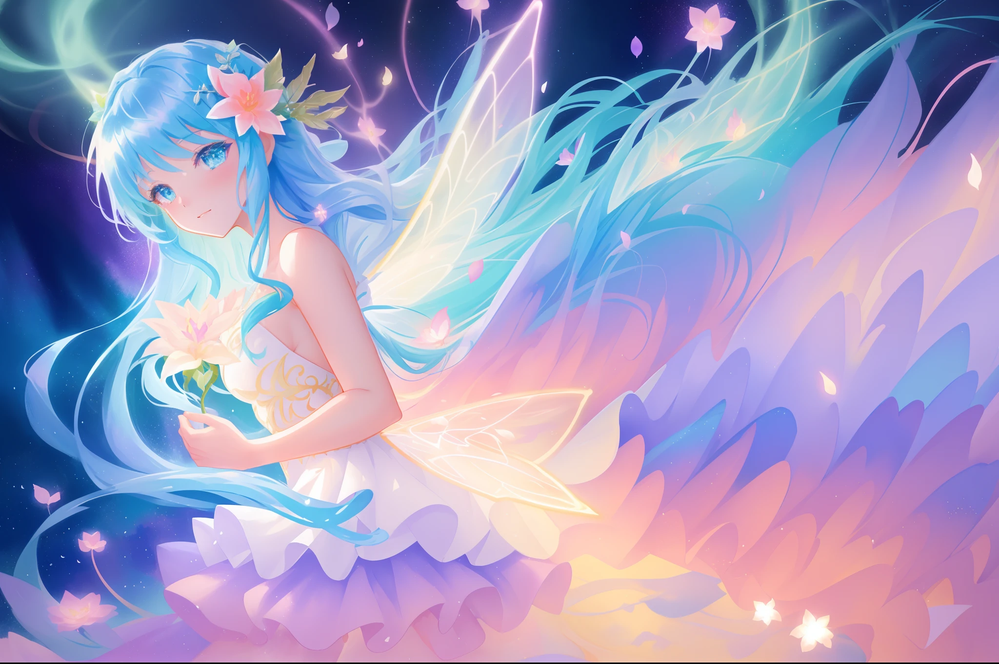 beautiful girl in fairy dress made of flower petals, beautiful fairy queen surrounded by colorful fairies, glowing tiny fairies, ((warm colors)), (glowing fairy wings), glowing flowing ballgown, long wavy hair, sparkling fairy wings, watercolor illustration, flowers and colorful plants, inspired by Glen Keane, inspired by Lois van Baarle, disney art style, by Lois van Baarle, glowing aura around her, by Glen Keane, jen bartel, glowing lights! digital painting, flowing glowing hair, glowing flowing hair, beautiful digital illustration, fantasia otherworldly landscape plants flowers, beautiful, masterpiece, best quality, anime disney style