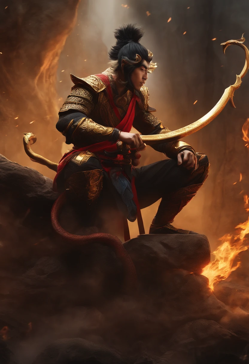 sun wukong sitting on a devastated lathe, villainous, with an evil look, holding a golden staff, wearing obsidian armor, red eyes, lots of black hair, with monkey tail, fighting a dragon