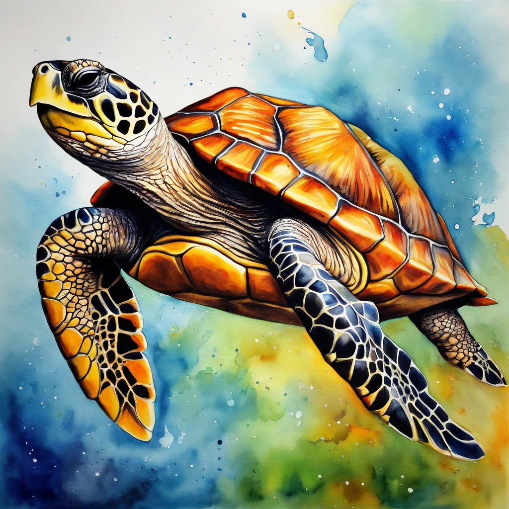 Turtle, vivid yellow with orange shimmering scales, masterpiece, best quality