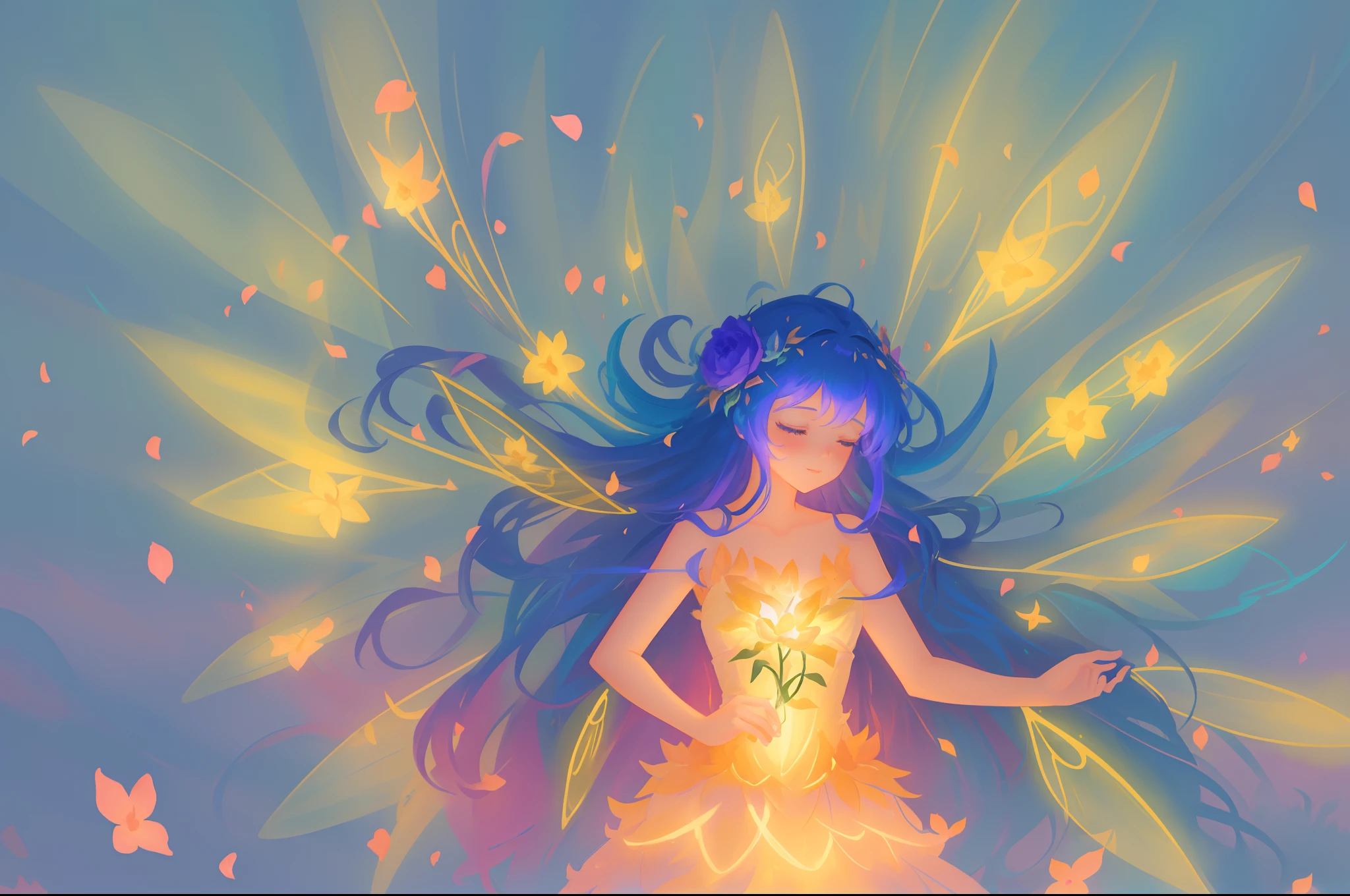 beautiful girl in fairy dress made of flower petals, beautiful fairy queen surrounded by colorful tiny pixies and fairies, glowing tiny fairies, (glowing fairy wings), glowing flowing ballgown, long wavy hair, sparkling fairy wings, watercolor illustration, flowers and colorful plants, inspired by Glen Keane, inspired by Lois van Baarle, disney art style, by Lois van Baarle, glowing aura around her, by Glen Keane, jen bartel, glowing lights! digital painting, flowing glowing hair, glowing flowing hair, beautiful digital illustration, fantasia otherworldly landscape plants flowers, beautiful, masterpiece, best quality, anime disney style