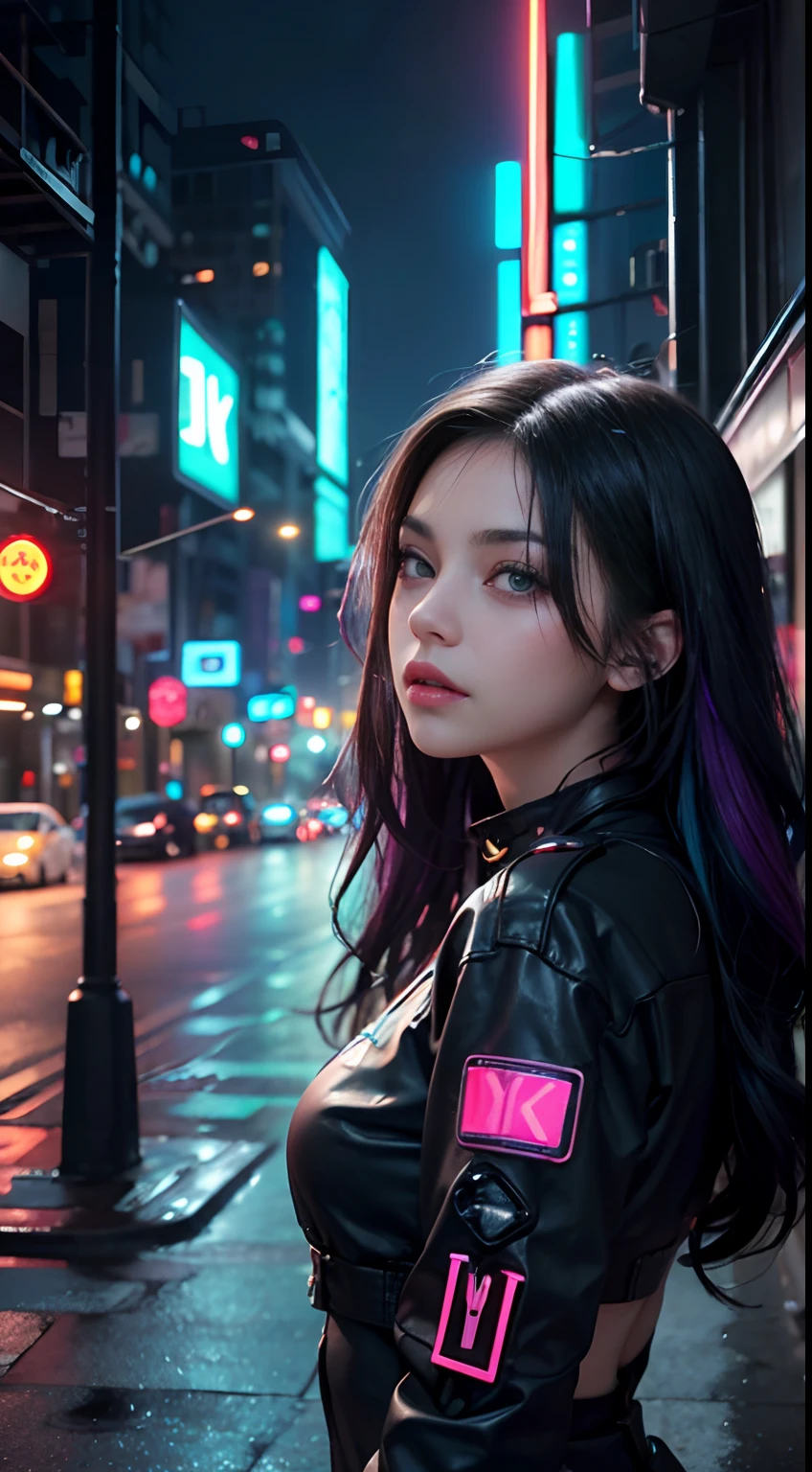Best image quality, Masterpiece, Ultra-high resolution, (Fidelity:1.4), Photo, Movie, ((cyber punk girl), Mila Kunis, black wavy hair with blue and purple neon lighting, cyber outfit, Futuristic, ((Award-winning ultra-realistic photos)),(Hyper-detailing),(Complicated details),(High resolution CGI artwork 8k), a girl in Cyberpunk city standing in street, Futuristic style, colorful LED lights, depth of field,create depth with atmospheric lighting,wide wide shot,use atmospheric and volumetric lighting to enhance cityscape detail,illuminated by neon lights, Pastel textured colored background, Colourful, vibrant