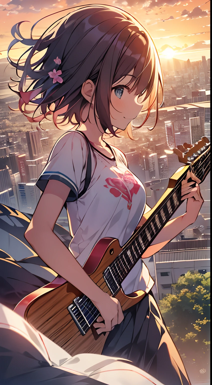 masutepiece, Best Quality,Illustration, Wallpaper, Ultra Detail, absurderes, girl, Solo, (Medium short hair、plays the guitar、Face smile、Overlooking the city from the top of the hill、The sunset is beautiful