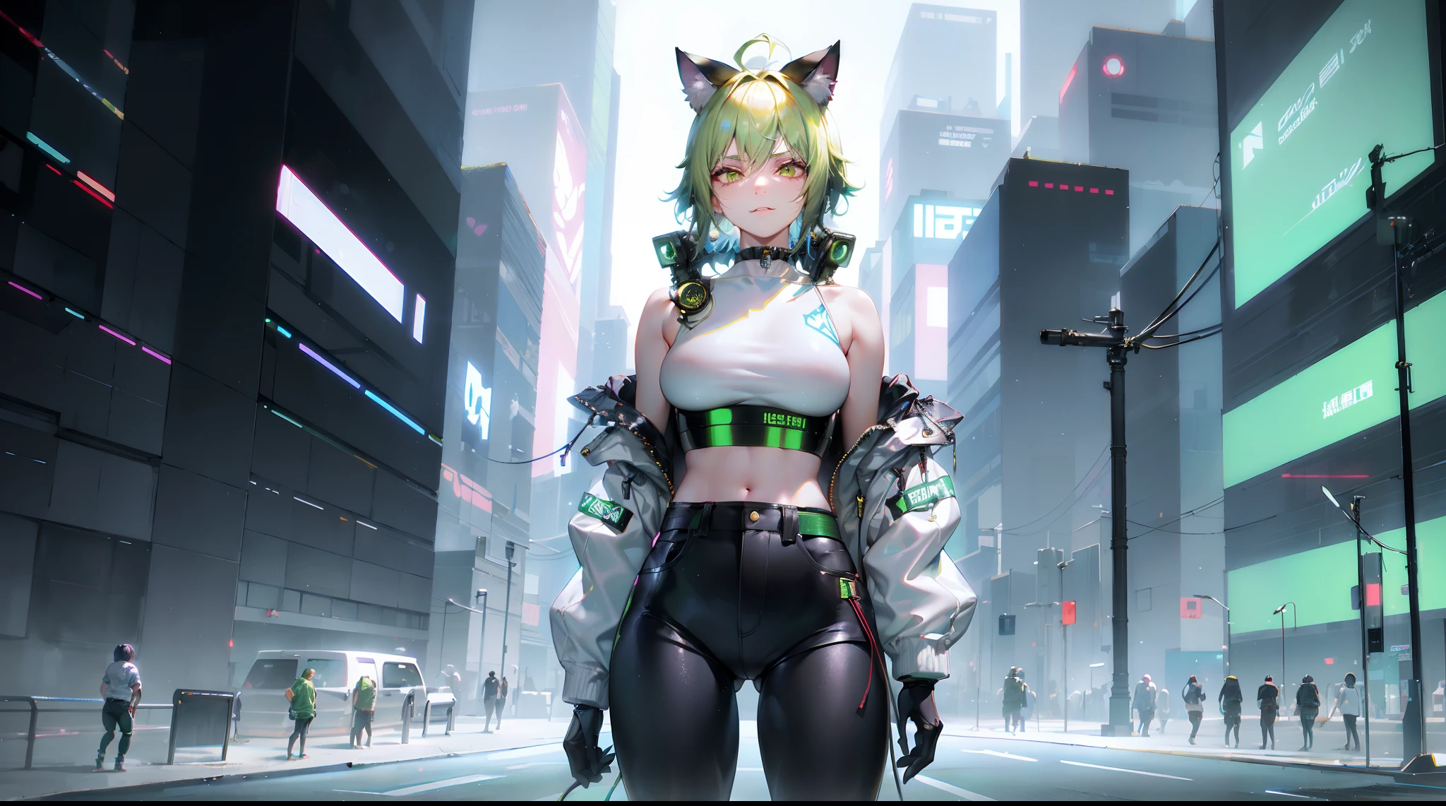 cat girl, green short hair, smug, great quality, absurdres, muscle girl, tight black jeans, white crop top, jacket lowered, midnight city, cyberpunk background, 1girl