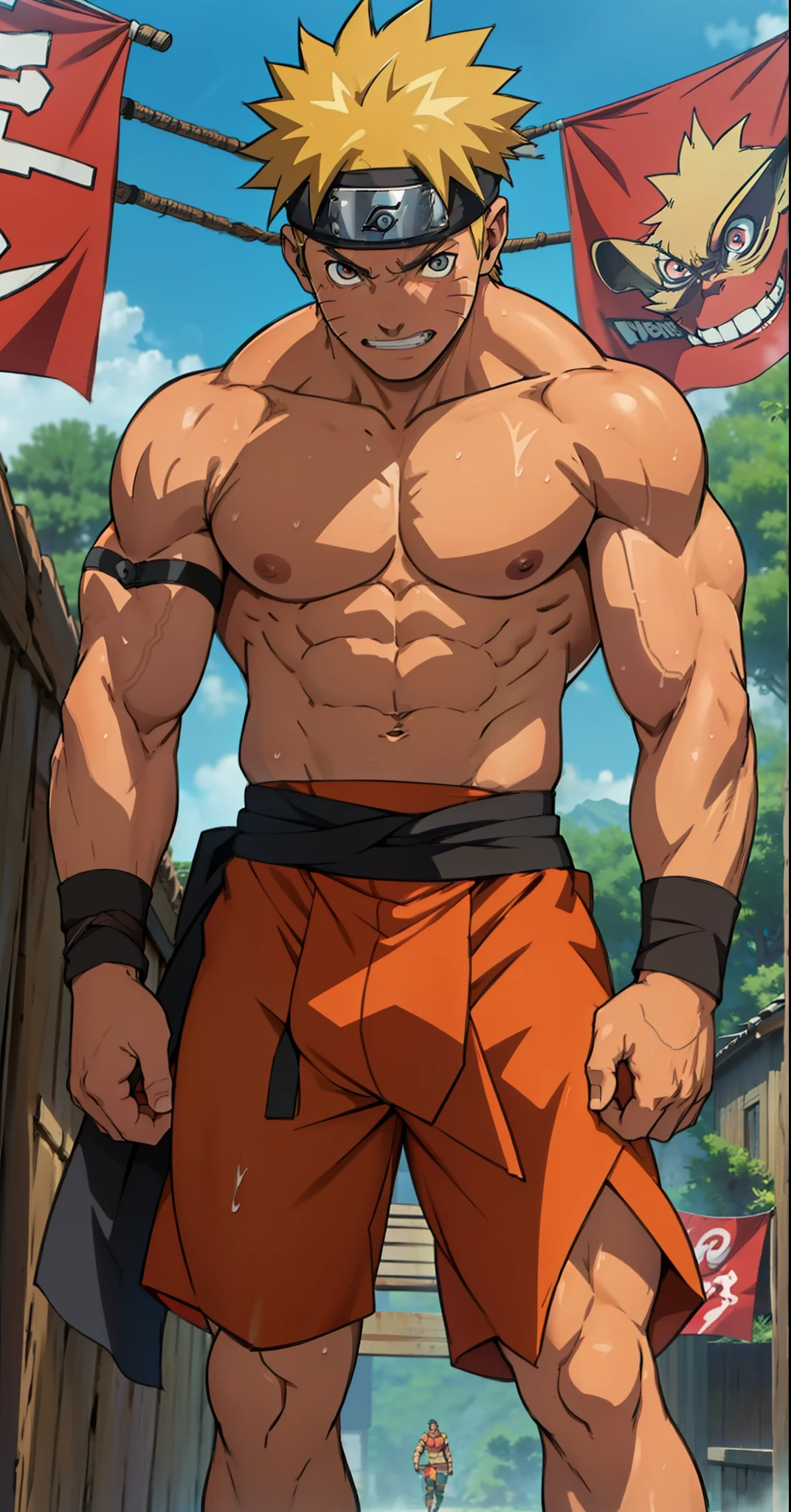 (Full body) (photo subject: Close-up of muscular thigh muscles ) (photo angle from bottom up)(Drawings of Naruto anime) (photo angle from the ground upwards) [Anime photo][highest quality photo][4k,HD photo quality ] wear tight and short loincloths  ,the loincloth bulges due to the erect male genitals (muscular thigh muscles, firm thigh muscles, muscular thigh muscles, sinewy thigh muscles, giant thigh muscles, strong leg muscles, muscular hamstring leg muscles) ,Uzumaki Naruto fun, happy,bodybuilder,bodybuilding, standing, red skin, pink skin, tanned skin,reddish brown skin, lots of sweat flowing down, topless, shirtless, hot sunny, (do not wear banners,do not wear headbands)