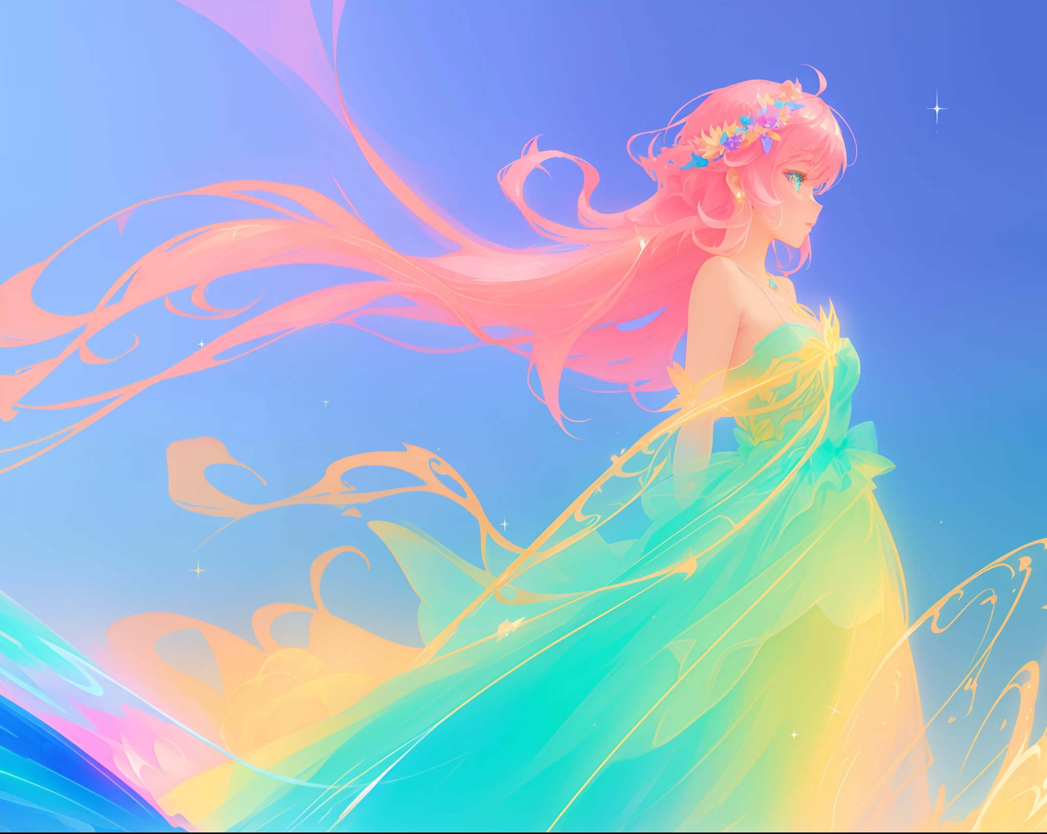 beautiful anime girl in colorful ballgown, vibrant pastel colors, (colorful), magical lights, sparkling liquid light, inspired by Glen Keane, inspired by Lois van Baarle, disney art style, by Lois van Baarle, glowing aura around her, by Glen Keane, jen bartel, glowing lights! digital painting, flowing glowing hair, glowing flowing hair, beautiful digital illustration, fantasia background, whimsical, magical, fantasy, beautiful face, ((masterpiece, best quality)), intricate details, highly detailed, sharp focus, 8k resolution, sparkling detailed eyes, liquid watercolor