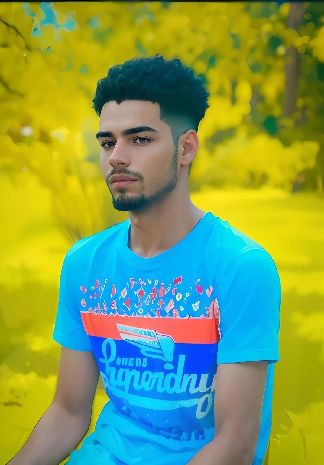 Most realistic photo possible with a young man sitting in a barbershop with his head looking to the side showing the freshly done haircut