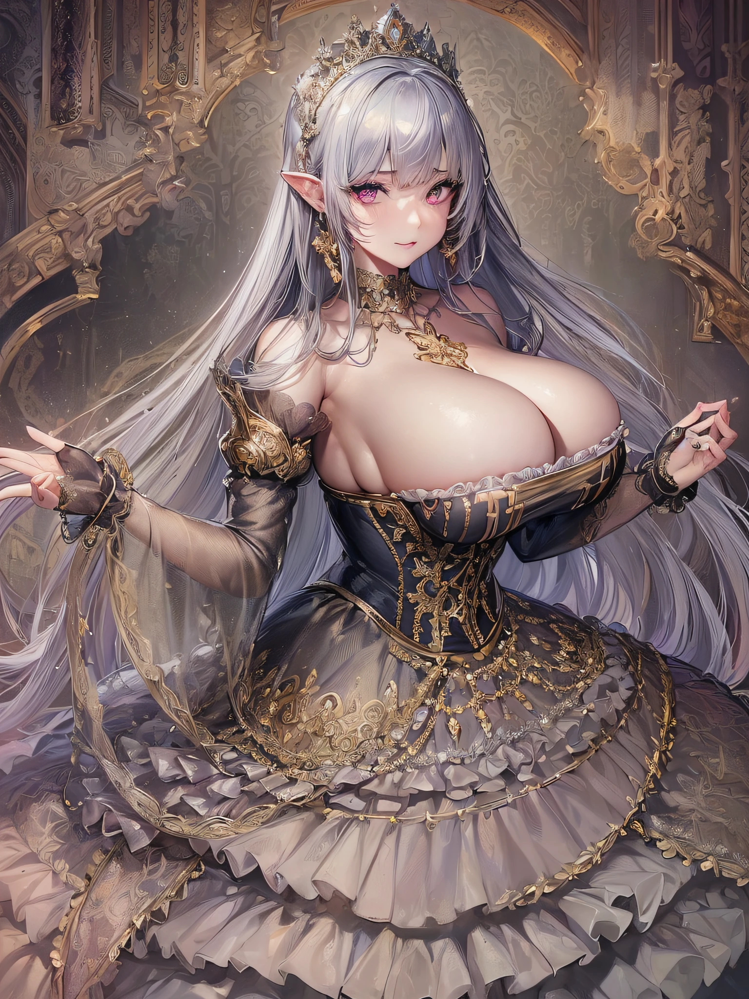 ((anime artstyle)),(Masterpiece),(Best Quality), (Super Detail),(Highly Detailed CG Unity 8k wallpaper),((Very Delicate and Beautiful)),cinematic lighting,1 girl,((full body portrait)),((standing in garden)),((solo)),(((1 fairytale princess in gorgeous embroidery and jeweled extremely gorgeous rococo princess ballgown with voluminous full length hoop skirt))),an hourglass waist,padded and corseted bodice,(((huge crinoline hoopskirt))),long train,((gorgeous embroidery and jeweled)),voluminous frills,See-through,(((extremely gigantic tits,skindentation))),cleavage,((absurdly Long Straight Hair,extremely voluminous Straight long Hair,absurdly Long Straight Hair)),(finely detailed face and eyes),(Blush,Smile),clear pupil,extremely gorgeousfull hair ornament,(bling-bling jeweled extremely gorgeousfull tiara),((bling-bling gorgeous gemstone jewelry)),gorgeous long veil,((ultra long gloves)),(beautiful background),(full body),((gorgeous embroidery and jeweled extremely gorgeous rococo princess ballgown with voluminous full length hoop skirt))