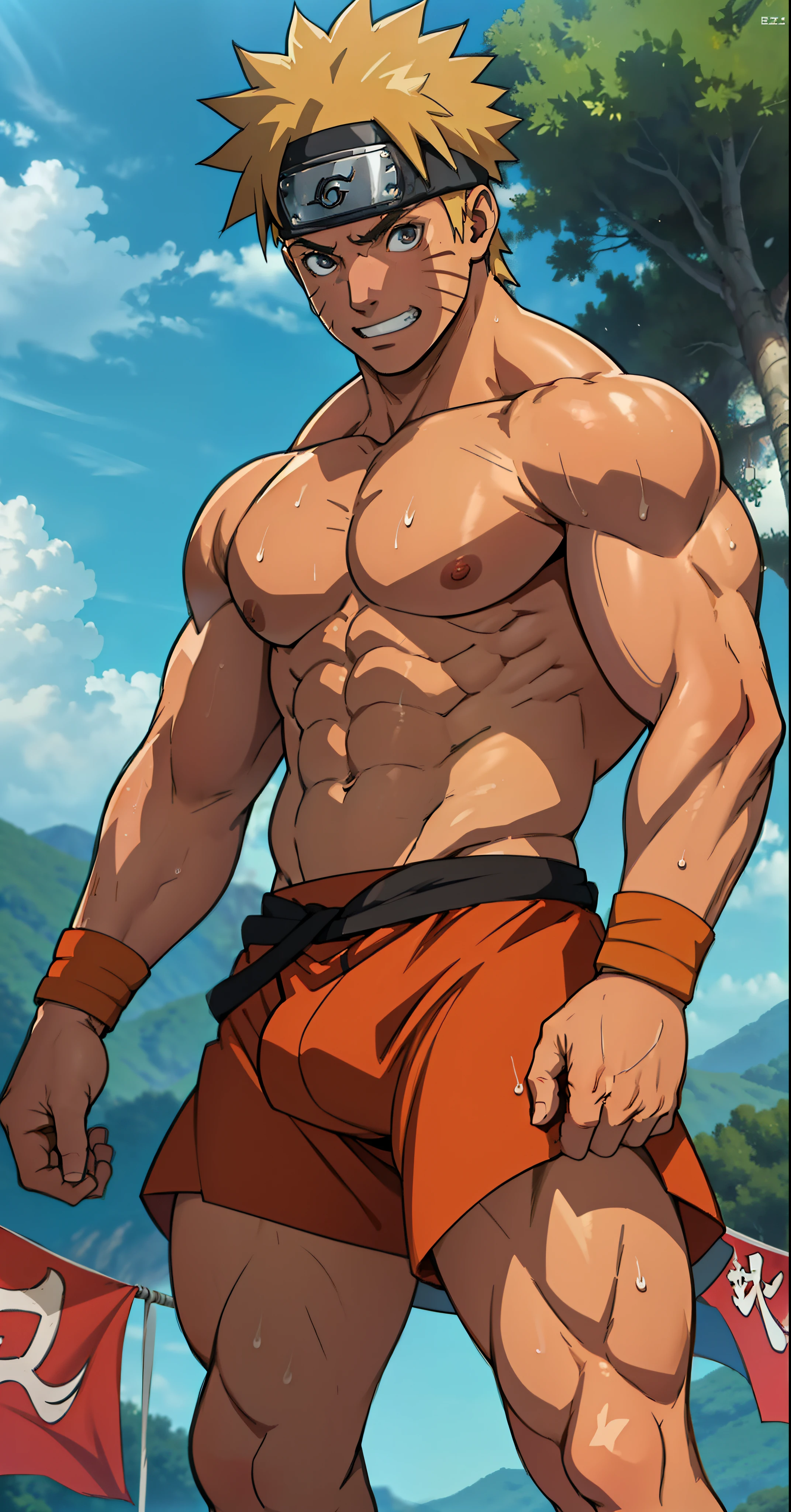 (Full body) (photo subject: Close-up of muscular thigh muscles ) (photo angle from bottom up)(Drawings of Naruto anime) (photo angle from the ground upwards) [Anime photo][highest quality photo][4k,HD photo quality ] wear tight and short loincloths  ,the loincloth bulges due to the erect male genitals (muscular thigh muscles, firm thigh muscles, muscular thigh muscles, sinewy thigh muscles, giant thigh muscles, strong leg muscles, muscular hamstring leg muscles) ,Uzumaki Naruto fun, happy,bodybuilder,bodybuilding, standing, red skin, pink skin, tanned skin,reddish brown skin, lots of sweat flowing down, topless, shirtless, hot sunny, (do not wear banners,do not wear headbands)