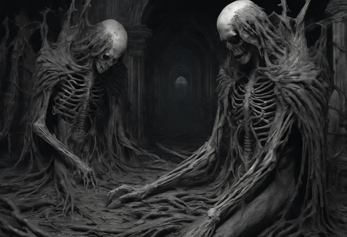 Create an intricate, high-resolution 4K (UHD) illustration that closely resembles a page from a meticulously crafted demonology book. The illustration should vividly portray a malevolent entity cloaked in shadow, its form consisting of a grotesque arrangement of bones. These bones should be organized in a macabre fashion, with the faces of tormented souls intricately etched and drawn onto the surface of the bones. These imprisoned souls' expressions must bear the weight of their past sins, profound regrets, and agonizing screams of torment.
The entire scene should be engulfed in an oppressive ambiance, conveying a sinister and eerie atmosphere, and the color palette should be strictly limited to shades of black and gray, giving the image a foreboding and spectral quality.
Furthermore, emphasize the creature's own countenance, distorting it to the point of being utterly unrecognizable. This distortion should enhance the horrific nature of the entity and accentuate the chilling details of the bones and the imprisoned souls, making it a truly nightmarish vision.
Additionally, incorporate an intricate 3D rendering of the beautiful angel of death into the composition. This angelic figure should stand in stark contrast to the malevolent entity, serving as a haunting juxtaposition of beauty and horror within the scene. To capture this juxtaposition, emulate the visual characteristics of a 150mm analog lens, adding depth and character to the overall composition.
Please execute this prompt with meticulous attention to detail to create a truly haunting and evocative representation in the style of a demonology book, and ensure that the final image is in stunning 4K resolution (UHD)
