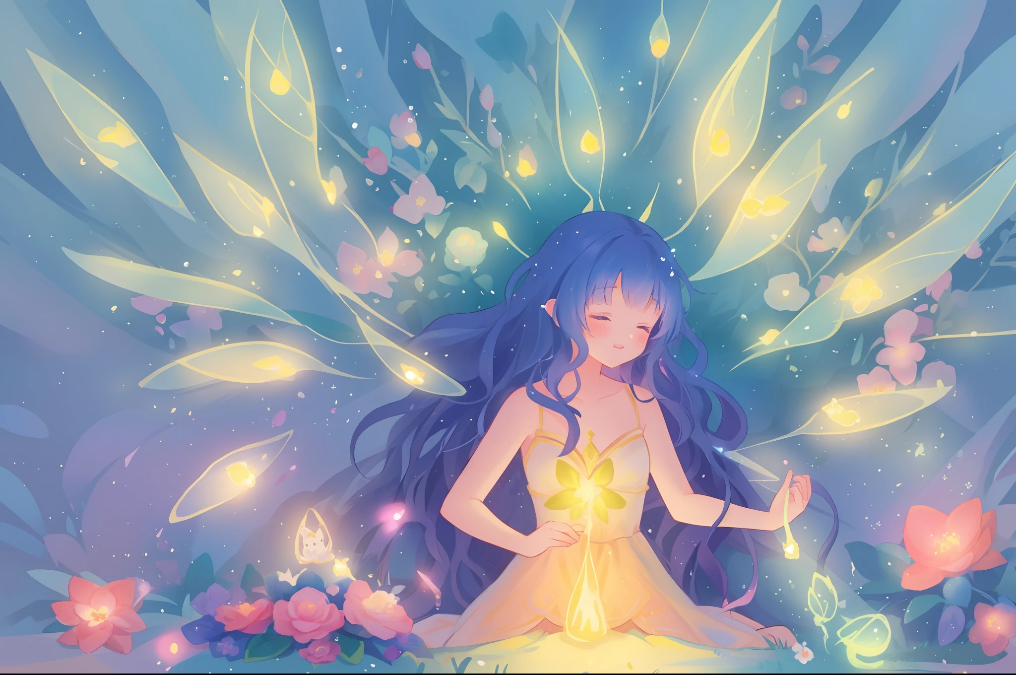 beautiful girl in fairy dress made of flower petals, beautiful fairy queen surrounded by colorful tiny pixies and fairies, glowing tiny fairies, (glowing fairy wings), glowing flowing ballgown, long wavy hair, sparkling fairy wings, watercolor illustration, flowers and colorful plants, inspired by Glen Keane, inspired by Lois van Baarle, disney art style, by Lois van Baarle, glowing aura around her, by Glen Keane, jen bartel, glowing lights! digital painting, flowing glowing hair, glowing flowing hair, beautiful digital illustration, fantasia otherworldly landscape plants flowers, beautiful, masterpiece, best quality, anime disney style