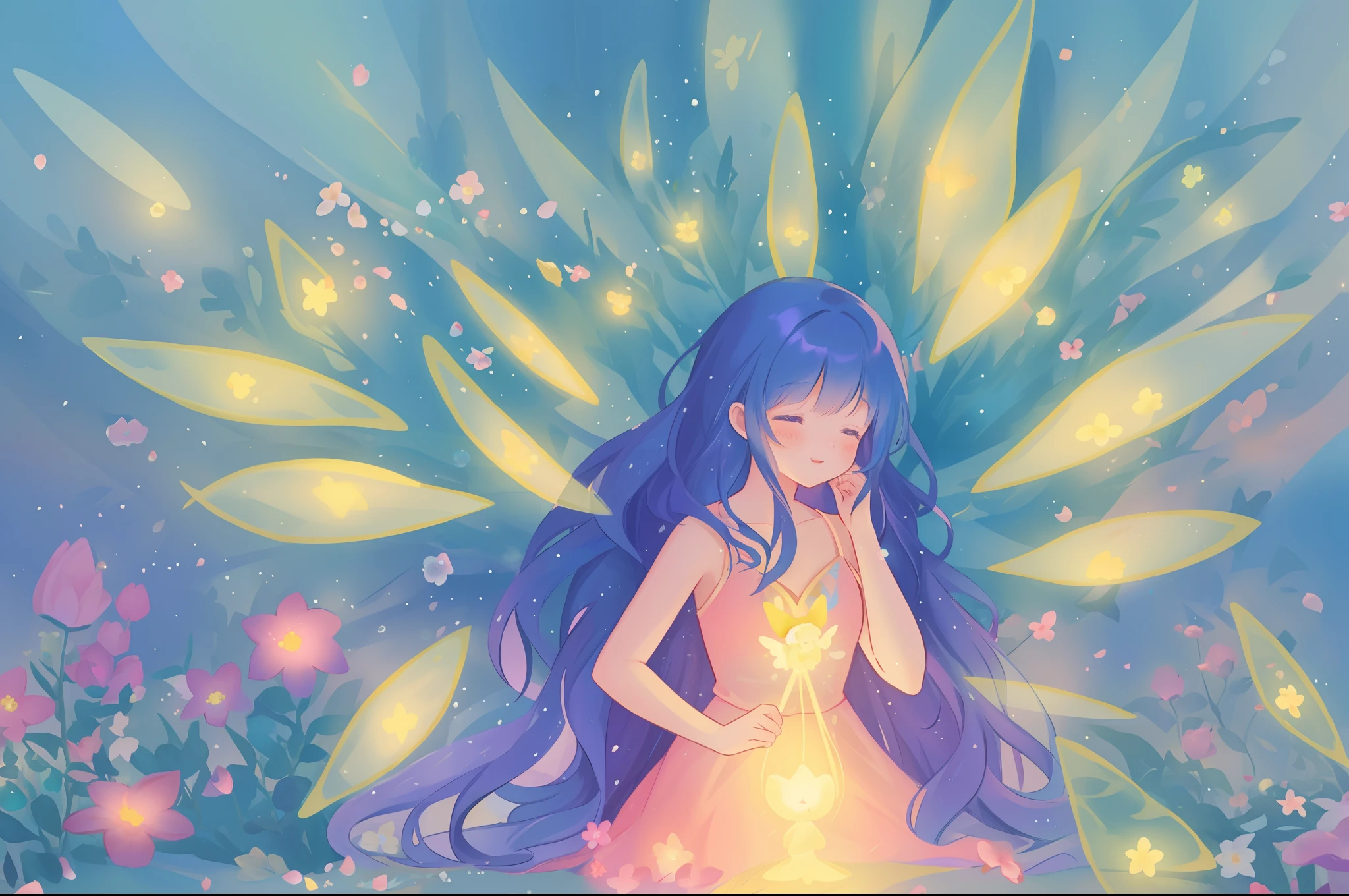 beautiful girl in fairy dress made of flower petals, beautiful fairy queen surrounded by colorful tiny pixies and fairies, glowing tiny fairies, (glowing fairy wings), glowing flowing ballgown, long wavy hair, sparkling fairy wings, watercolor illustration, flowers and colorful plants, inspired by Glen Keane, inspired by Lois van Baarle, disney art style, by Lois van Baarle, glowing aura around her, by Glen Keane, jen bartel, glowing lights! digital painting, flowing glowing hair, glowing flowing hair, beautiful digital illustration, fantasia otherworldly landscape plants flowers, beautiful, masterpiece, best quality, anime disney style